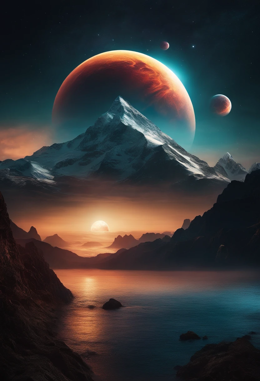 Somewhere in space. A mountain surrounded by the ocean. A planet of mysteries floating over the mountain. oscuro y colorido. Everything is cosmic. ..3D.