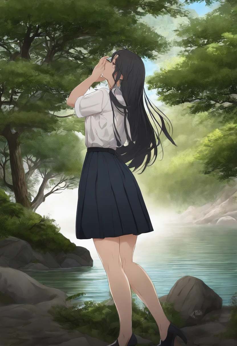 (best quality:1.33), (masterpiece:1.42), (realistic:1.24), (detailed:1.15), Woman with long black hair standing in front of the body of water, an anime drawing, Direction: Jin Homura, 44, Seifuku, by the sea, surprised expression, High resolution, real, in the mountains，On the hill，in the forest dense，Desolate place，high heels，