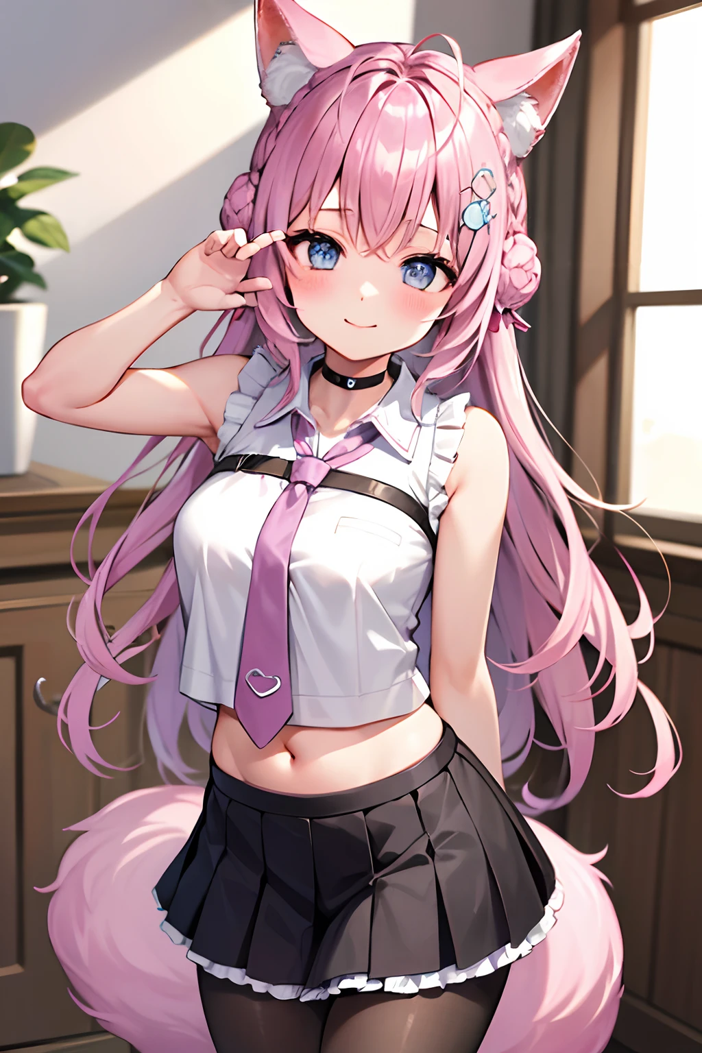 The Masterpiece,best qualiy,Hi-Res,standing a,DEF1,lora:Koyori-000015:1,pink tie,tights,hairornaments,Lilac eyes,One-sided braid,Sorrisos,1girl, animal ear fluff, animal ears, arm behind back, bangs, black choker, black skirt, blue eyes, blush, braid, braided bun, breasts, brown pantyhose, choker, closed mouth, cowboy shot, (pose), crown braid, double bun, frilled skirt, frills, hair bun, hair ornament, hakui koyori, indoors, long hair, medium breasts, midriff, miniskirt, navel, necktie, pantyhose, pink hair, pink necktie, shirt, skirt, sleeveless, sleeveless shirt, smile, solo, standing, tail, hite shirt, wolf ears, wolf tail, masterpiece,highres,best quality, masterpiece, best quality, ultra-detailed