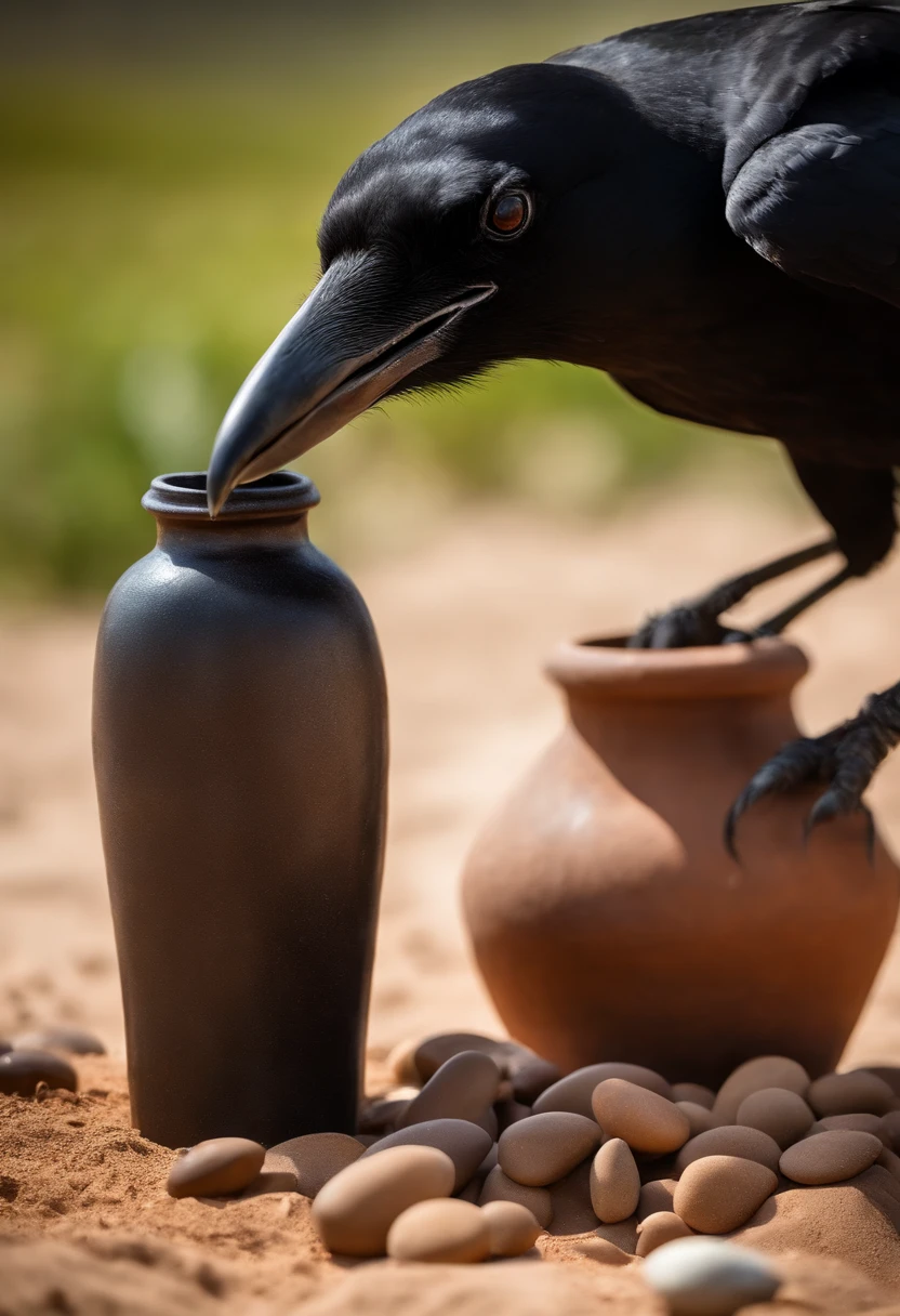 in three images in a row in the desert under a scorching sun, A crow picks up pebbles from the ground with its beak and puts it inside the clay jug with water.