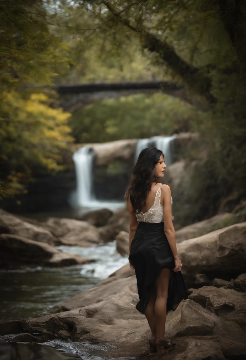 (best quality:1.33), (masterpiece:1.42), (realistic:1.24), (detailed:1.15), Woman with long black hair standing in front of the body of water, an anime drawing, Direction: Jin Homura, 44, Seifuku, by the sea, surprised expression, High resolution, real, in the mountains，On the hill，in the forest dense，Desolate place，high heels，