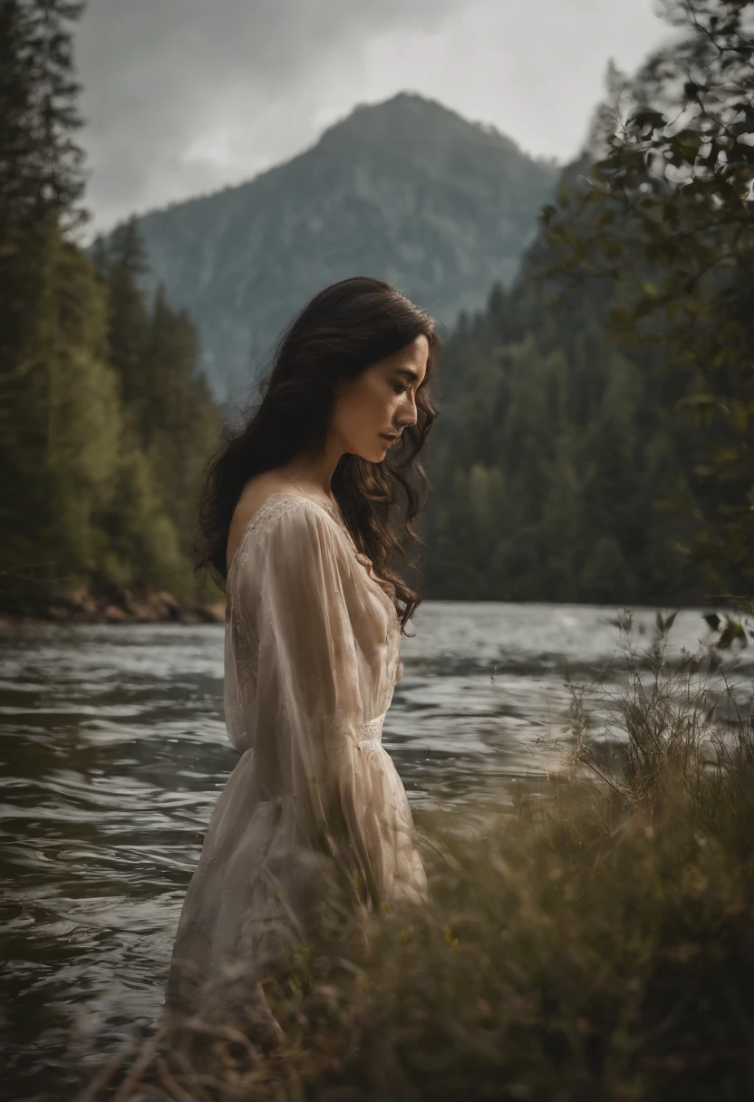 (best quality:1.33), (masterpiece:1.42), (realistic:1.24), (detailed:1.15), Woman with long black hair standing in front of the body of water, an anime drawing, Direction: Jin Homura, 44, Seifuku, by the sea, surprised expression, High resolution, real, in the mountains,On the hill,in the forest dense,Desolate place,high heels,