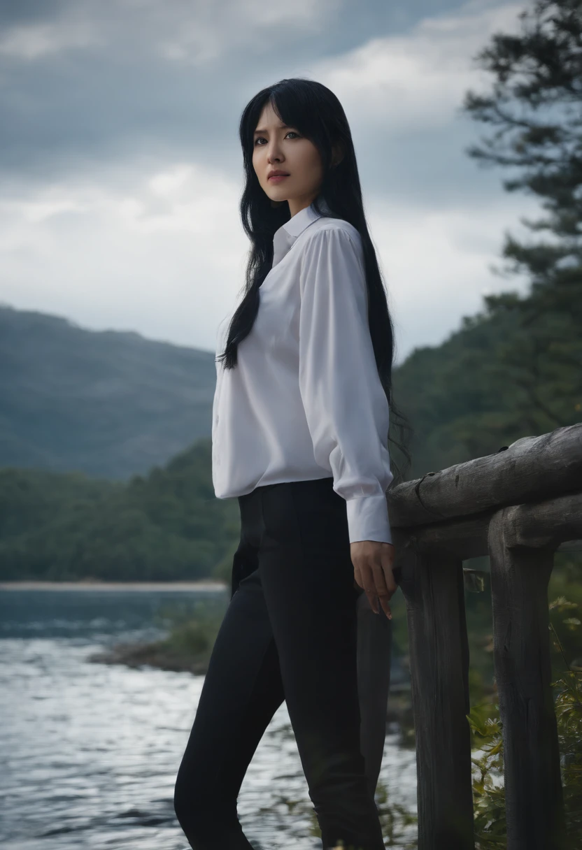 (best quality:1.33), (masterpiece:1.42), (realistic:1.24), (detailed:1.15), Woman with long black hair standing in front of the body of water, an anime drawing, Direction: Jin Homura, 44, Seifuku, by the sea, surprised expression, High resolution, real, in the mountains，On the hill，in the forest dense，Desolate place，high heels，