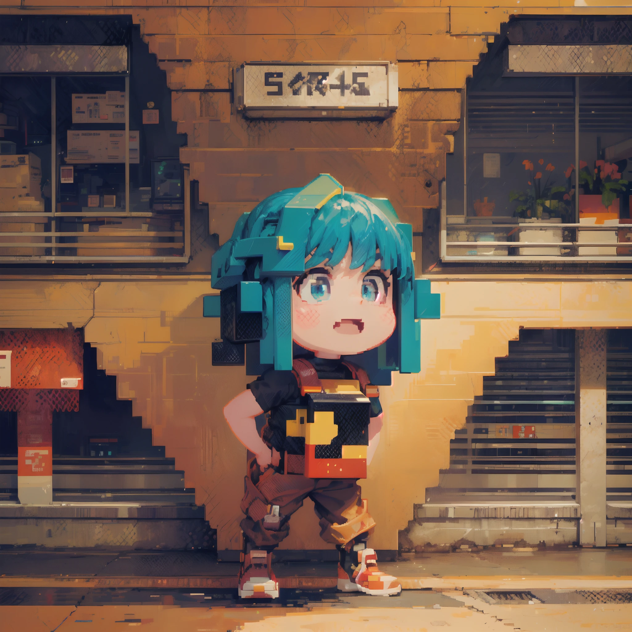 (Best quality,16-bit,Inspired by nature,Futuristic mechanical atmosphere,The numbers game,Short straight black hair,Pixel art,Pixel cyberpunk,viewfinder,Personal focus,Simple and vibrant background,Cartoon pixel art,less detailing,Low-pixel art,Blurred facial features,The beauty of a smile,Graffiti style background)