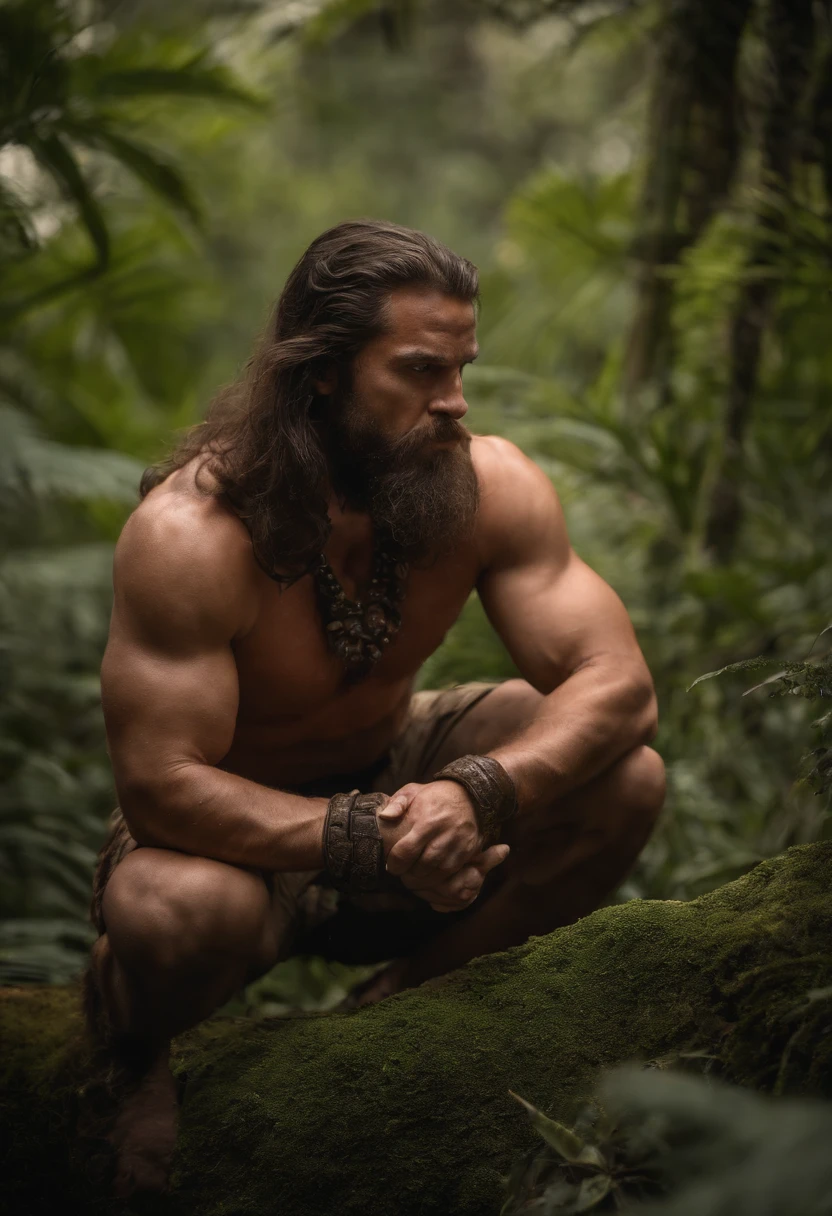 Conan, Barbarian, Caucasian, skin texture realist, light eyes, in the middle of the jungle, night, extreme light, magical atmosphere, precise details, highes definition, hyperrealism, 8K