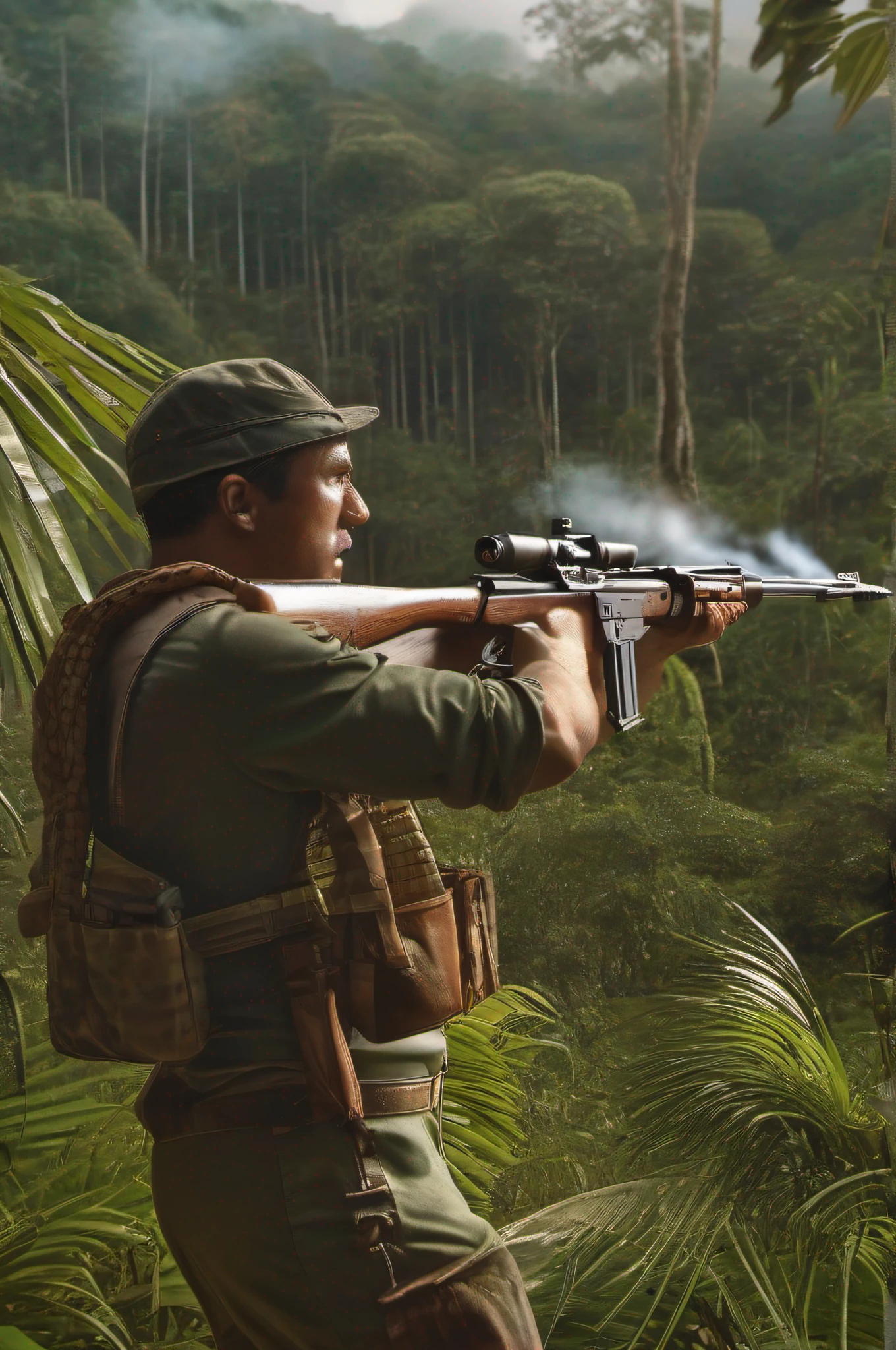 man from the Brazilian Amazon, FAL rifle, shooting, fire in the rifle barrel, machine gun firing, gun in hand, man shooting, in the middle of the forest, rich details, high definition, hyperrealism.