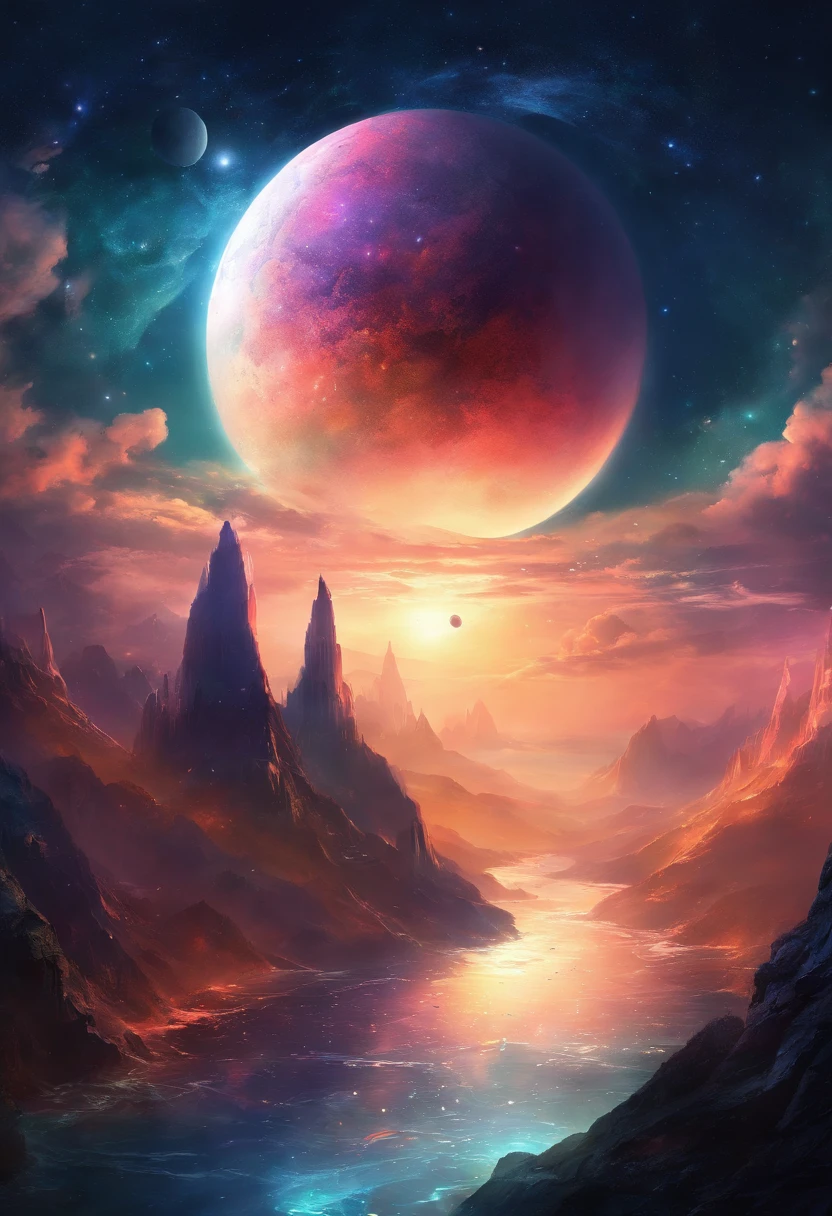 Somewhere in space. A mountain surrounded by the ocean. A planet of mysteries floating over the mountain. oscuro y colorido. Everything is cosmic. ....3D.