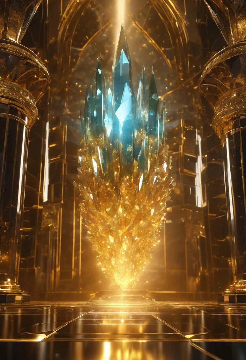 (best quality,highres:1.2),distant view,huge tesseract with crystals inside,golden nano swarm flying around,realistic,detailed crystal structure,magnificent gold reflections in the sunlight,varied and dazzling colors,sci-fi inspiration,spectacular lighting,colorful shimmering,nano technology,3D rendering,meticulous attention to detail,vivid colors,mesmerizing composition,impressive scale,alpha channel transparency,photorealistic rendering,highly realistic futuristic concept,brilliantly illuminated scene,crystal-clear perception of depth,grandeur and majesty,otherworldly atmosphere,impressive sense of scale,high resolution imagery,pin-sharp details.