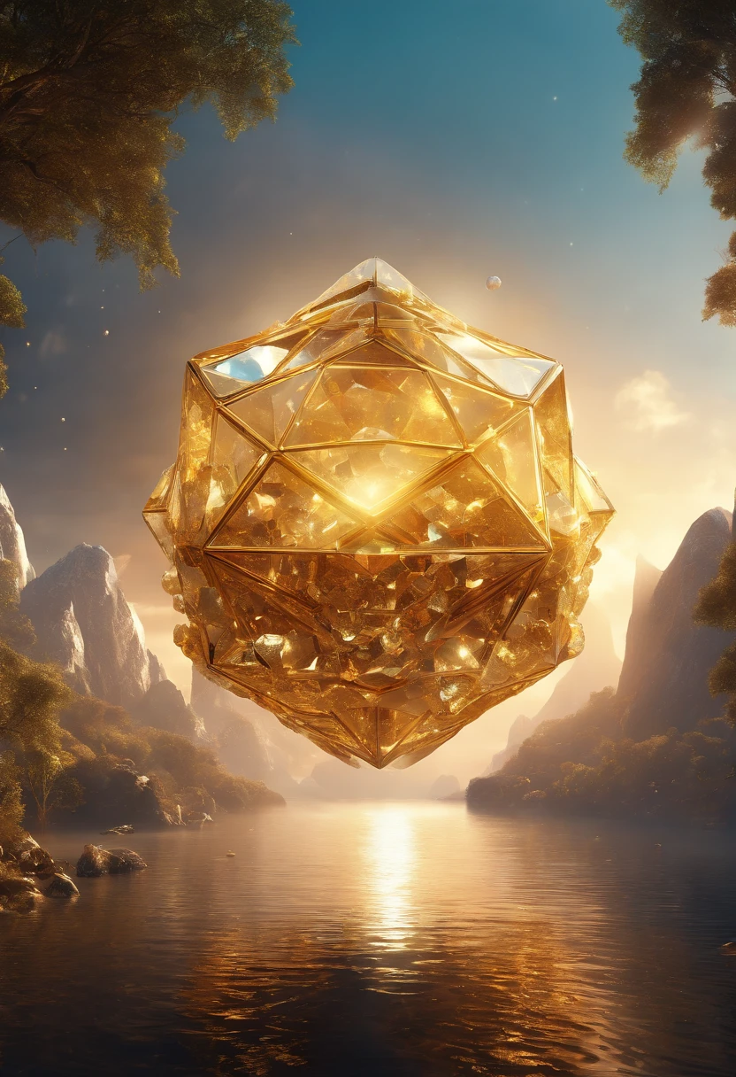 (best quality,highres:1.2),distant view,huge tesseract with crystals inside,golden nano swarm flying around,realistic,detailed crystal structure,magnificent gold reflections in the sunlight,varied and dazzling colors,sci-fi inspiration,spectacular lighting,colorful shimmering,nano technology,3D rendering,meticulous attention to detail,vivid colors,mesmerizing composition,impressive scale,alpha channel transparency,photorealistic rendering,highly realistic futuristic concept,brilliantly illuminated scene,crystal-clear perception of depth,grandeur and majesty,otherworldly atmosphere,impressive sense of scale,high resolution imagery,pin-sharp details.