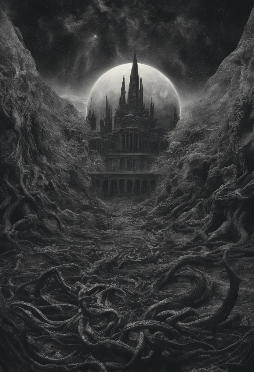 There's a planet in the middle, Tentacles in the universe, Lovecraftianoa inspiration, Lovecraftianoo cosmic fear, Paisagem infernal lovecraftianoa, fantasy and cosmic horror movie, atmosfera lovecraftianoa, lovecraftiano, A planet in open space