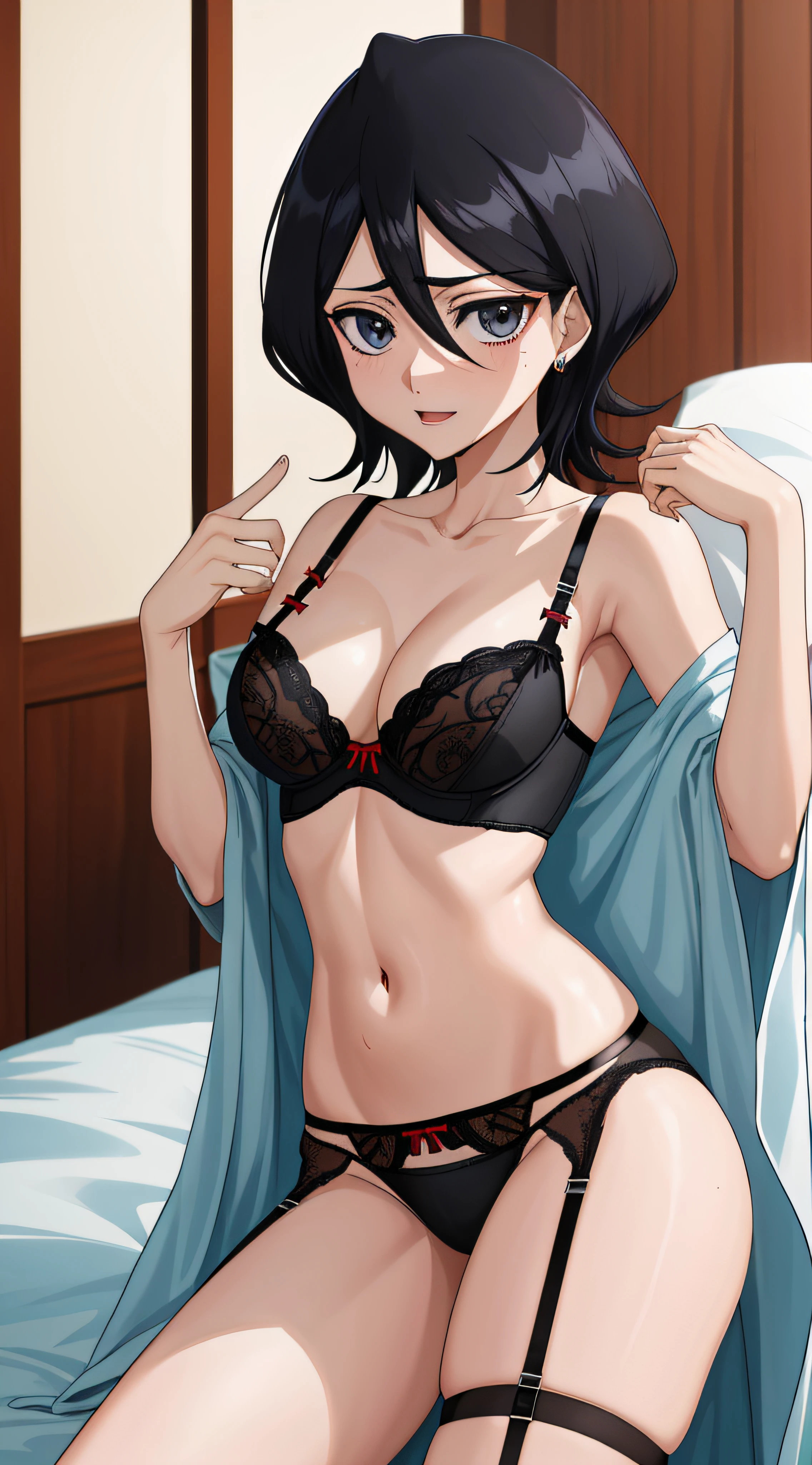 RUKIA, anime screencap, cidade, 1girl, (((POR TRAS, DE COSTAS))), solo, cabelo curto, cabelo preto, olhos roxos ESCURO, olhando para o espectador, cabelo entre os olhos, luxurioso, boca fechada, bunda, quadris largos, top curto, shorts curtos, shorts desabotoados, agachamento, pernas afastadas, erotic, costas, (MAGRA)), ((PEITOS ENORMES)) (((((LINGERIE, SUPER SEXY, LASCIVA, EROTICA)))))