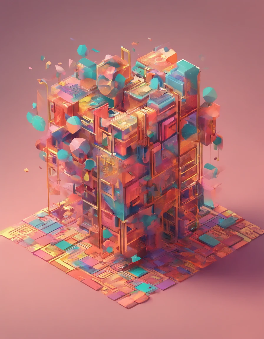 ( caixa misteriosa) dropping random words into Portuguese (best angle) multicolored 3D geometric background