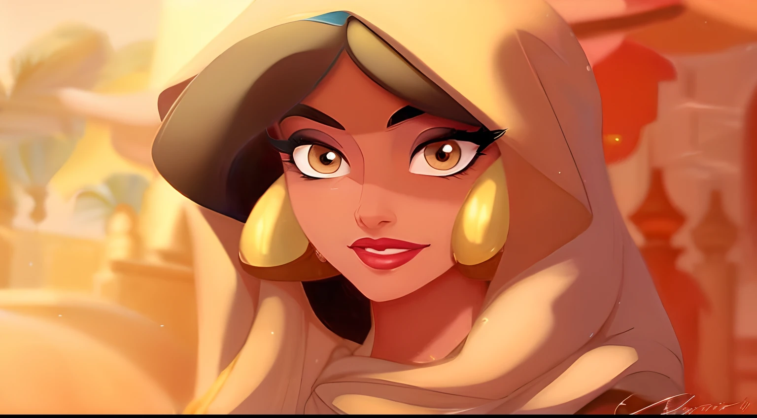 a closeup of a cartoon character wearing a scarf, Princesa Jasmine, estilo de arte disney, arabian beauty, arab princess, in style of disney animation, arab princess, personagem disney, Arte no estilo da Disney, aesthetic!!!!!! female genie, pintura de personagem bonita, Directed by: Glen Keane, estilo de personagem disney, arte disney, arte conceitual disney :: Nixri, princes jasmin