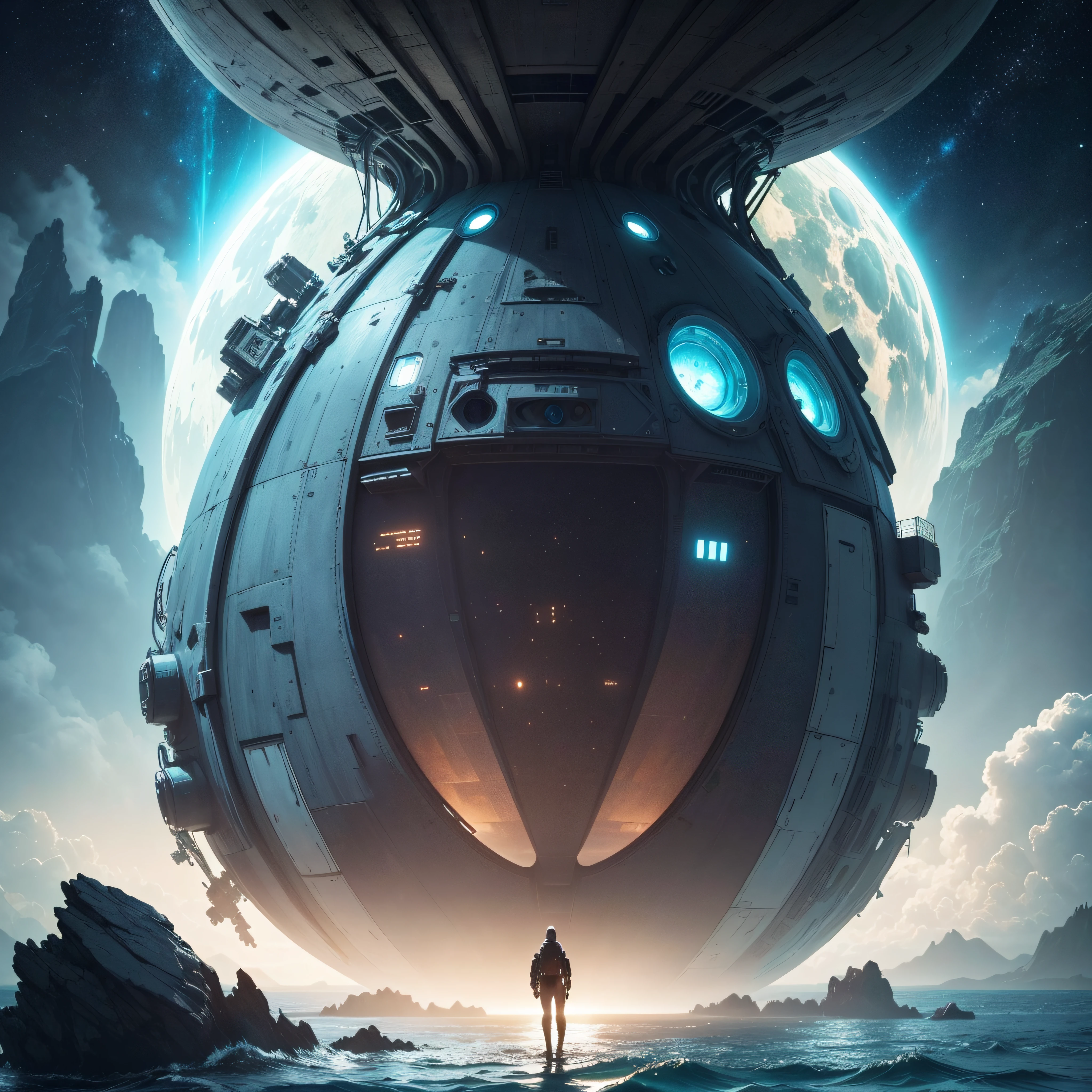 a space ship going into the ocean USO Alien Ship on Planet Earths ocean best quality 8k  a large screen, depicted as a scifi scene, science fiction concept art, 8 k high detail concept art, extirior of an alien spaceship, sci fi concept art, concept art 8 k, sci-fi hollywood concept art, sci - fi concept art, sci-fi concept art, award winning scifi art