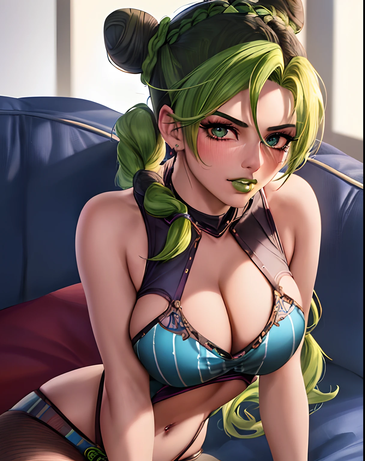 1girl, cowboy shot of beautiful (kujo_jolyne) sitting on couch, teasing, blush, parted lips, hair buns, braided_ponytail, green_lips, makeup, green_hair, two-tone_hair, medium breasts, realistic, best quality, masterpiece, film grain, (lens distortion:0.7), (chromatic aberration:0.7), blurry background

cowboy shot, contrapposto, looking at viewer, highres, superb, 8k wallpaper, extremely detailed, intricate, unreal engine 5, volumetric lighting, realistic, realistic lighting, cinematic, 4k, cinematic lighting, 8k, depth of field, 3d, masterpiece, perfect, award-winning, hyper-detailed, photorealistic, ultra realistic, realistic light, hard lighting, intricate details, stop motion, hyperfocus, tonemapping, sharp focus, hyper detailed, detailed eyes, eyes focus, (illustration:1.1), highres, (extremely detailed CG unity 8k wallpaper:1.1), (mid shot1.25), (portrait:1.25), (solo:1.2), 1girl, (beautiful face:1.15),

(nixeu_soft:0.7), (nixeu_white:0.7),