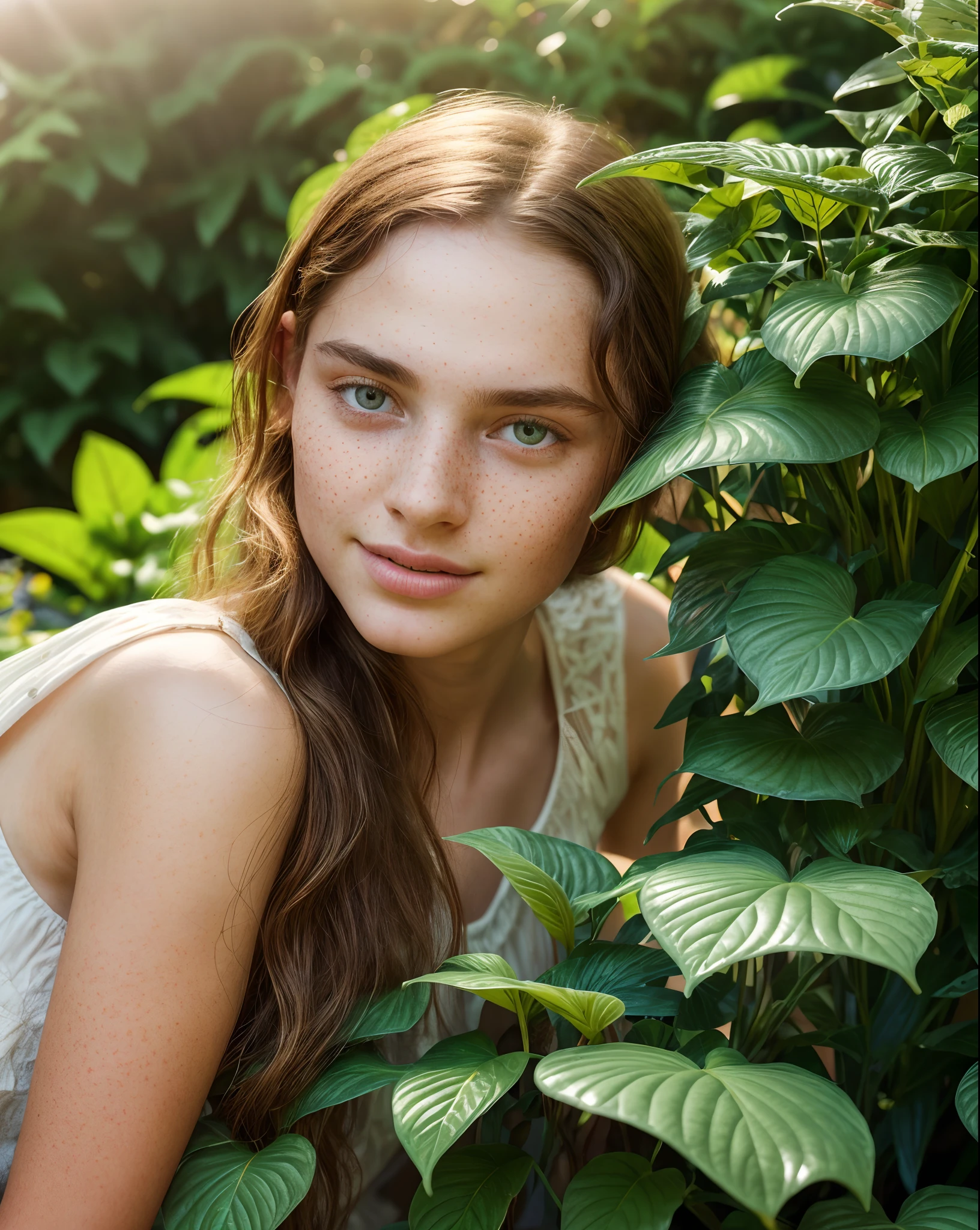 young Yasmin Wagner, freckles, (extremely detailed CG unity 8k wallpaper, Masterpiece, Best Quality, Ultra-detailed), (better lighting, better shadow, extreamly delicate and beautiful), Flower Garden, Lush greenery, Sun light, flowing through, Depth of field, Warm and welcoming atmosphere.