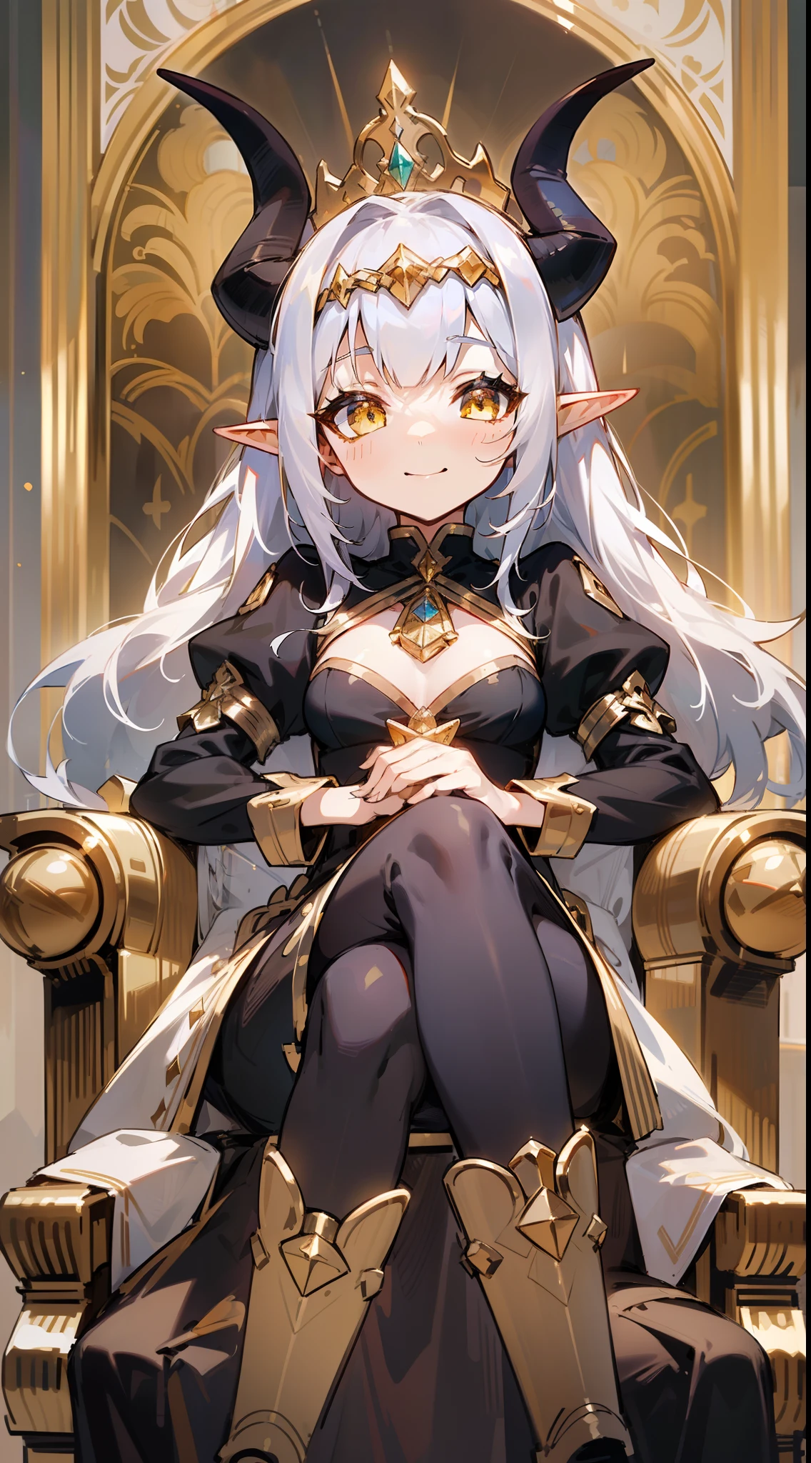 1*********** with 10 years,solo,happy face,black and golden long dress,medium tits,white hair,long hair,yellow eyes,elves ears, black small horns,pantyhose,Detailed Long Boots,gold tiara,Luxurious Gold Decoration,(((sitting on a throne inside a castle)))