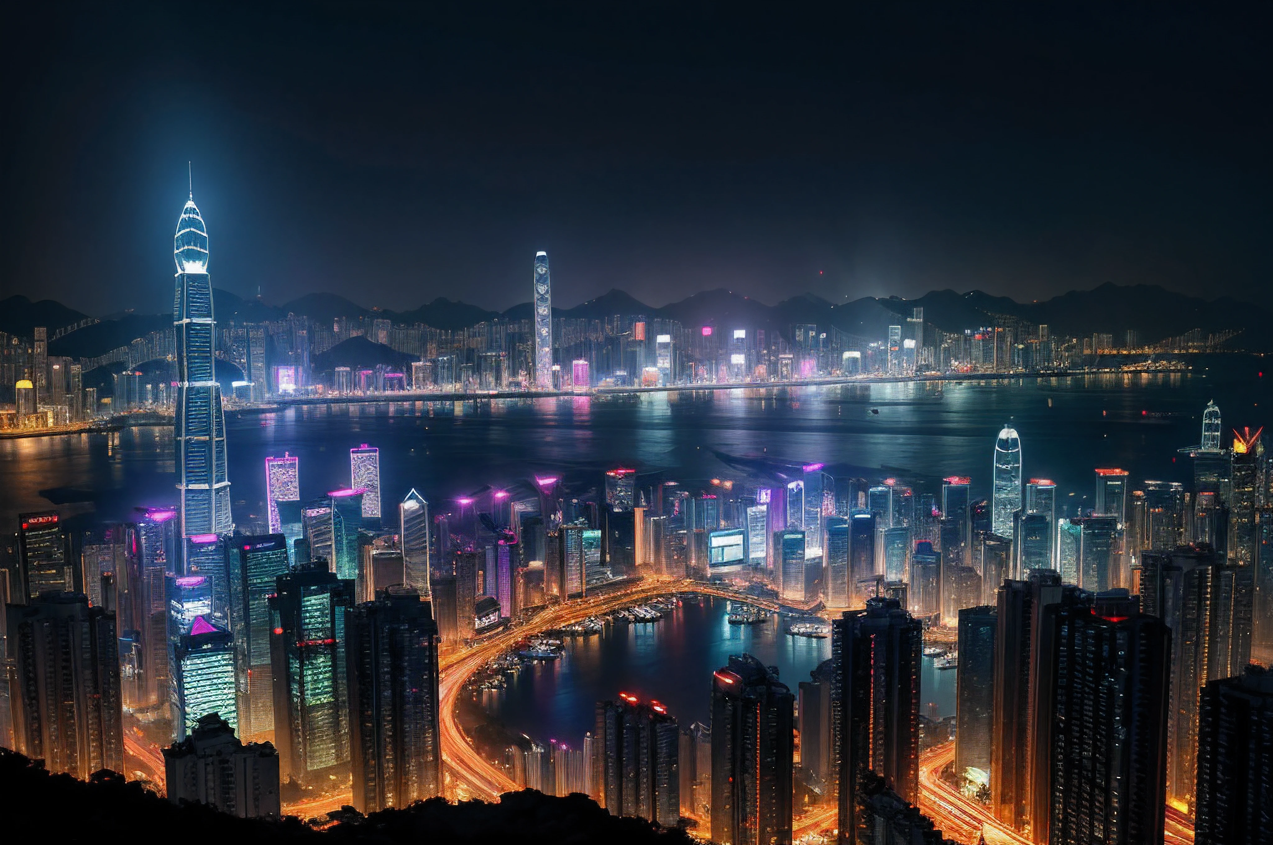 Crea la imagen de kowloon como una ciudad futurista, distopic, cyberpunk. bajo la lluvia, full of buildings of very stylized designs, en tonos azules, violetas y verdes. 8k, Bokeh, hiperrealista, Estilo de obturador largo.