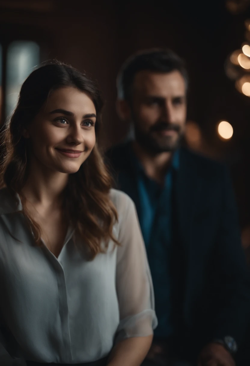 Smiling girl next to a serious and obscure man. Both of them are facing away from the camera.