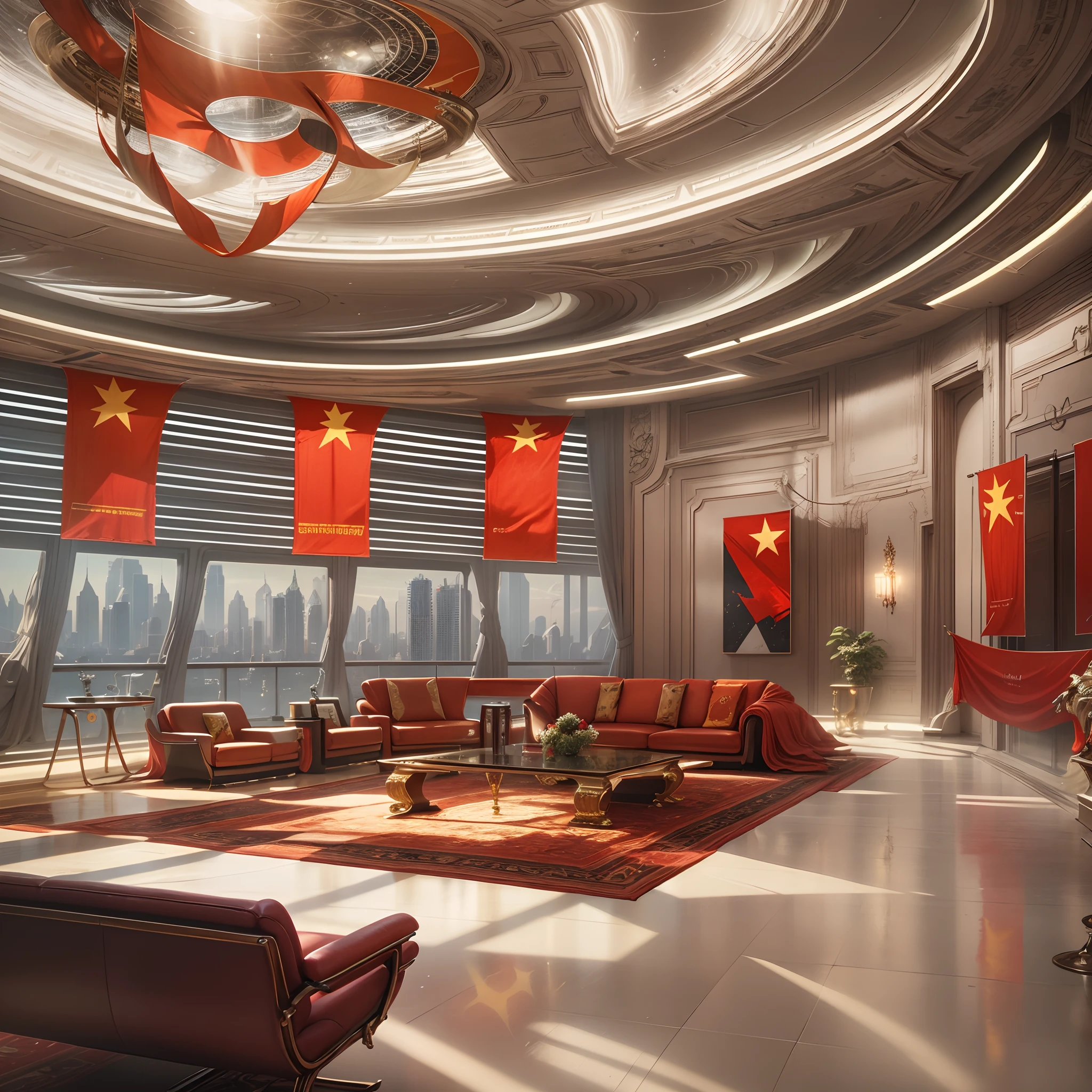 Futuristic meeting room adorned with communist flags and insignia, bandeiras vermelhas, estilo militar, estilo espacial, idade espacial, sci-fi, sala do conselho, sala imperial, Living room with large window and view to ecumenópolis, planetary city, giant buildings