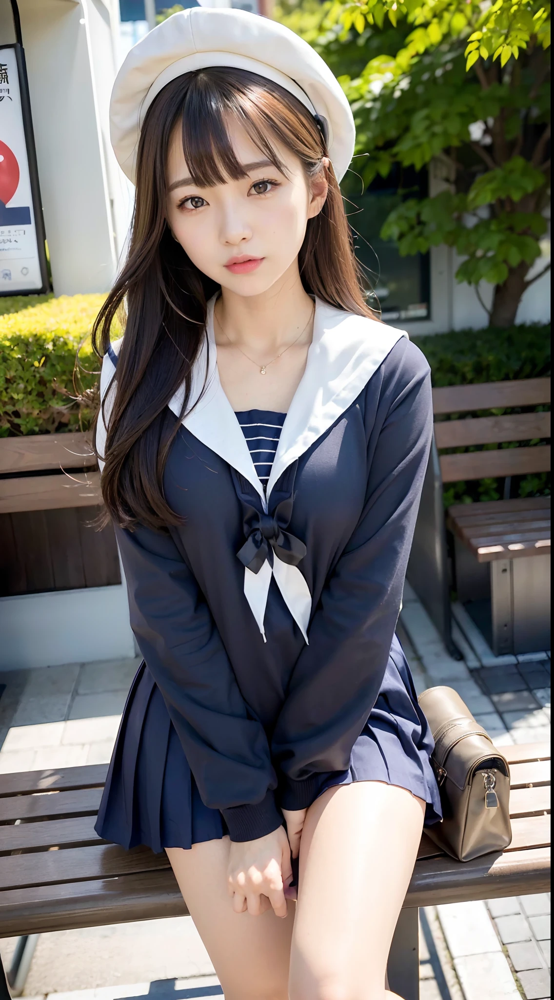 mix4, (16 K, Raw photography, Top image quality, masterpiece: 1.45), (realisitic, Photorealsitic: 1.37), one girls, 7.5, etc、Standing figure,cute little, A city scape,, profetional lighting, photon maping, Cityscape with street trees, physically-based renderingt, Gradient dark brown hair,, a handsome, Well-groomed and beautiful eyes、Large double eyelids、Very shiny、girl with, (((student clothes、Long sleeve sailor suit worn by Japan schoolgirl、red cuffs、Dark blue over-the-knee skirt, Gray beret、Dark blue knee-high socks、Black loafers))), Top Quality Photos, hight resolution, 1080p, (clearface), (Detailed face description), (Detailed hand description), (masterpiece), (Exquisite CG)、extreme light and shadows、dishevled hair、master work、abundant detail、(Fine facial features)、(top quality photo)、(masuter piece)、(A detailed eye)、Look in front of you、Fine clavicle、((Slender big))、(((Japan schoolgirl in long-sleeved sailor suit)))、((Sexy Idol System))、((Boulevard with street trees、Bus stop、timetable、Benches))、(Shooting from random perspectives)、(((Anyway cute)))、耳Nipple Ring、A big smile、Drawing the whole body from the knees、Do not draw nasolabial folds、(((shopping bags)))、(Big breasts that hang down big:0.7)、Big buttocks with tension、Two arms and two legs、(((from the front side:0.5)))、bare hand、