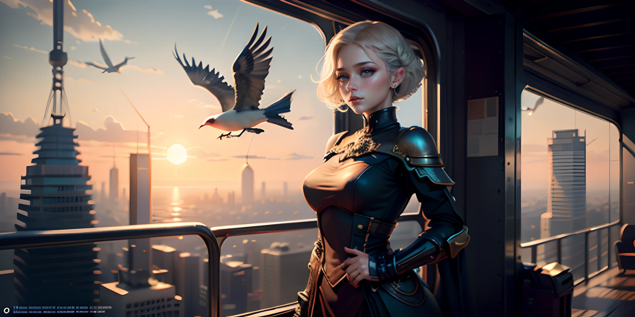 true-to-life visuals, captivating beauty,dramatic contrasts,gentle illumination, delicate warmth, soft light, ultra high definition, colourful, best quality, perfect female figure, high dynamic range, long eyelash, unparalleled masterpiece, pale skin, make up,
nova,1girl, solo, short hair,lay on airship, tower, scenery, aircraft, steampunk, bird, cloud, sky, gears, no humans, building, outdoors, city, science fiction, sunset, crane (machine)