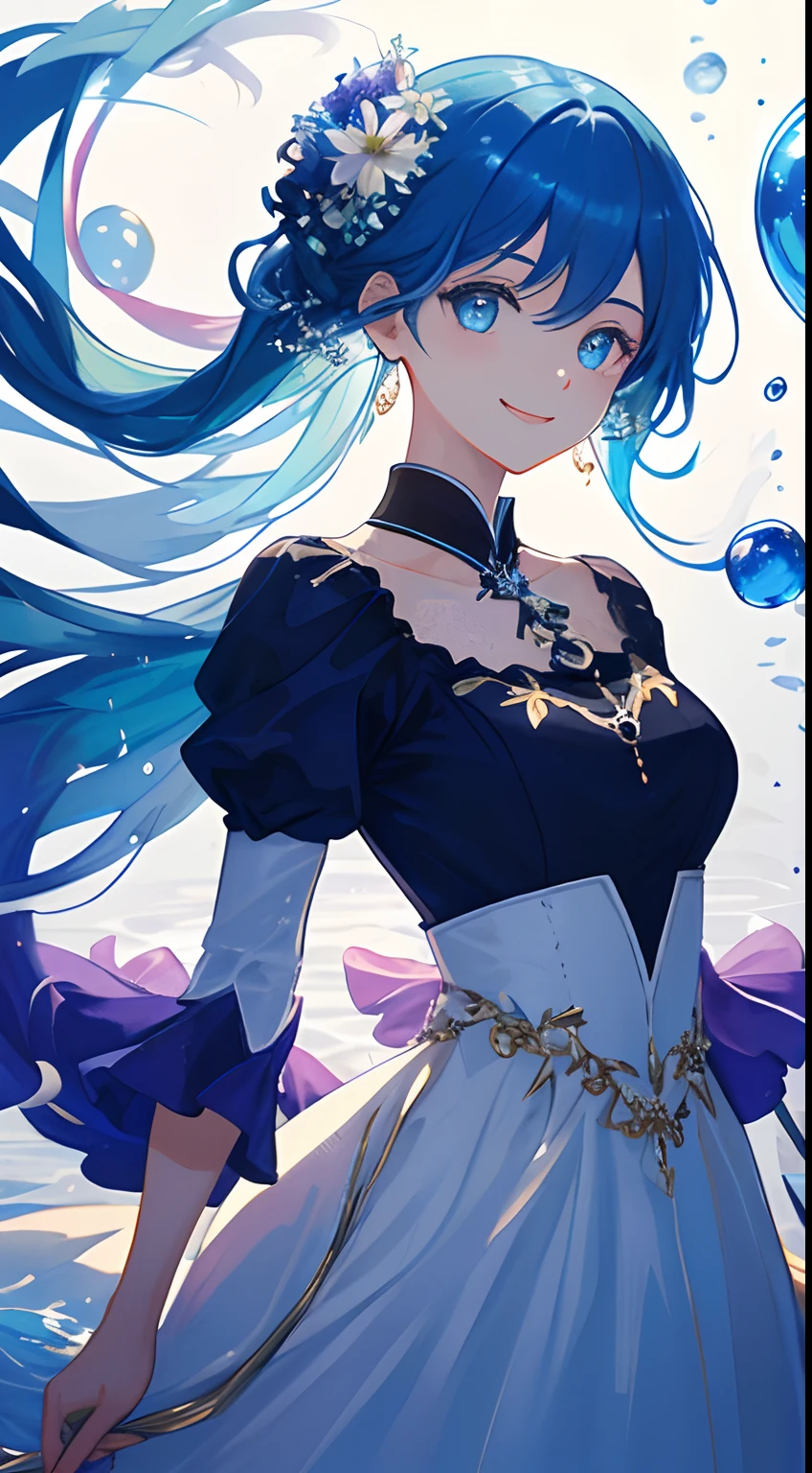 (masterpiece)、(best qualtiy)、(ultra-detailliert)、(dishevled hair)、(illustratio)、(1 girl in)、(Fashionable clothes)、is standing、fashion modell、see the beholder、(interview)、(simple background)、Fine and beautiful eyes、Delicate beautiful face、Planktonic、(a high chroma)、(colorful water splash)、colorful bubble、(brilliance)、focus on face、poneyTail、Kamisato colorful flowers、lightblue hair、bangss、hair rings、Floating flowers、Floating hairs、(SHINES)、The best lighting、Best Shadows、Smiling smile