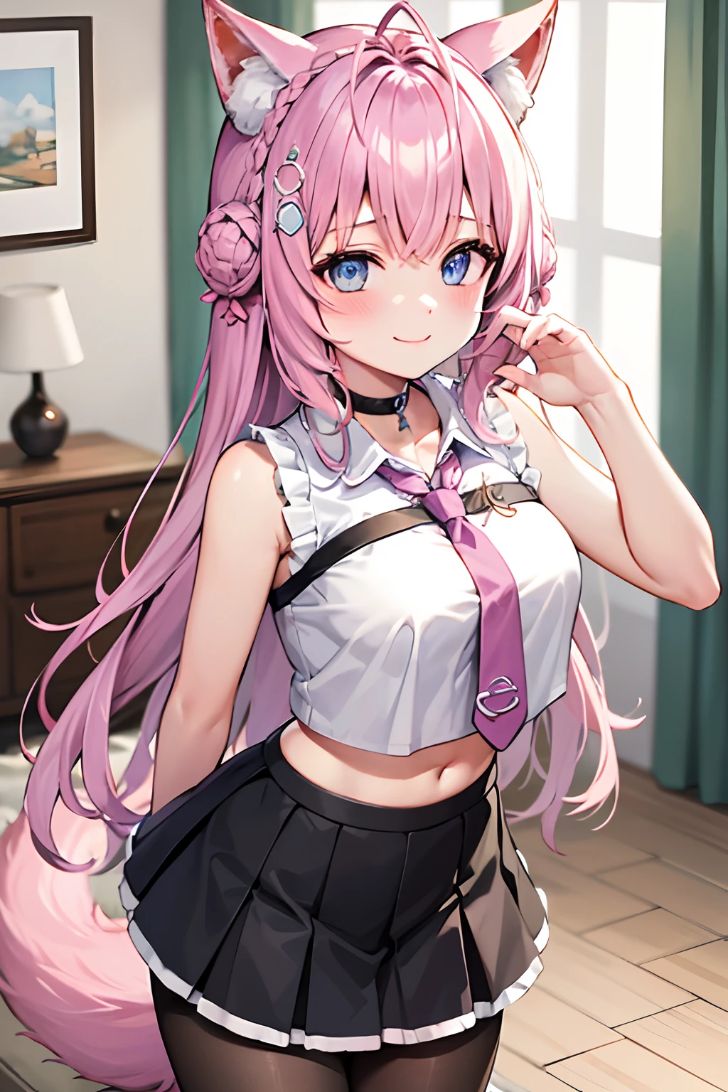 The Masterpiece,best qualiy,Hi-Res,standing a,DEF1,lora:Koyori-000015:1,pink tie,tights,hairornaments,Lilac eyes,One-sided braid,Sorrisos,1girl, animal ear fluff, animal ears, arm behind back, bangs, black choker, black skirt, blue eyes, blush, braid, braided bun, breasts, brown pantyhose, choker, closed mouth, cowboy shot, (pose), crown braid, double bun, frilled skirt, frills, hair bun, hair ornament, hakui koyori, indoors, long hair, medium breasts, midriff, miniskirt, navel, necktie, pantyhose, pink hair, pink necktie, shirt, skirt, sleeveless, sleeveless shirt, smile, solo, standing, tail, hite shirt, wolf ears, wolf tail, masterpiece,highres,best quality, masterpiece, best quality, ultra-detailed