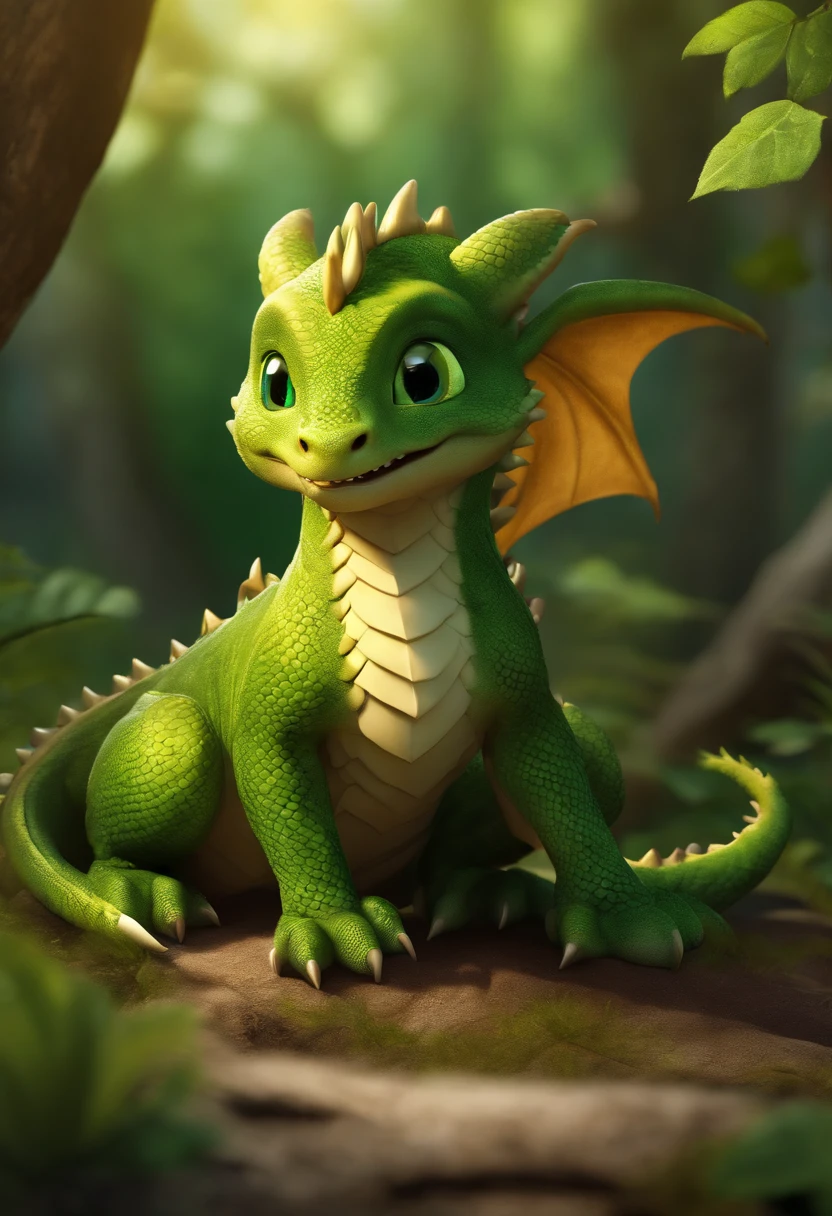 cute baby dragon, happy cub, curious look, medieval fantasy, children's book illustration, forest, bright green scales, sunlight, realistic shadows, ultra realistic photo, intricate details, high resolution, photo quality, 8k resolution