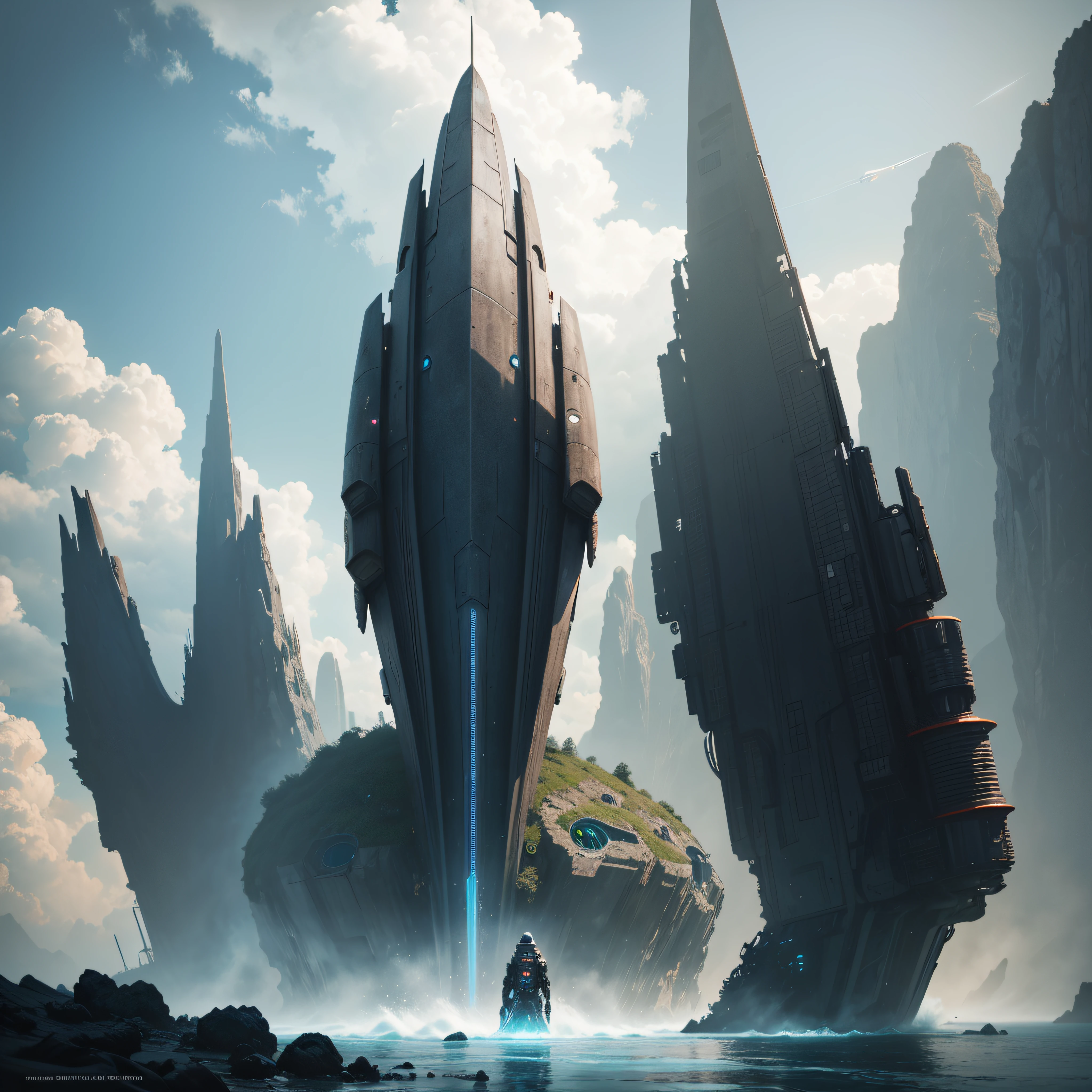a space ship going into the ocean Alien Ship on Planet Earths ocean, old Inca ruins in the background, best quality 8k a large screen, depicted as a scifi scene, science fiction concept art, 8 k high detail concept art, extirior of an alien spaceship, sci fi concept art, concept art 8 k, sci-fi hollywood concept art, sci - fi concept art, sci-fi concept art, award winning scifi art