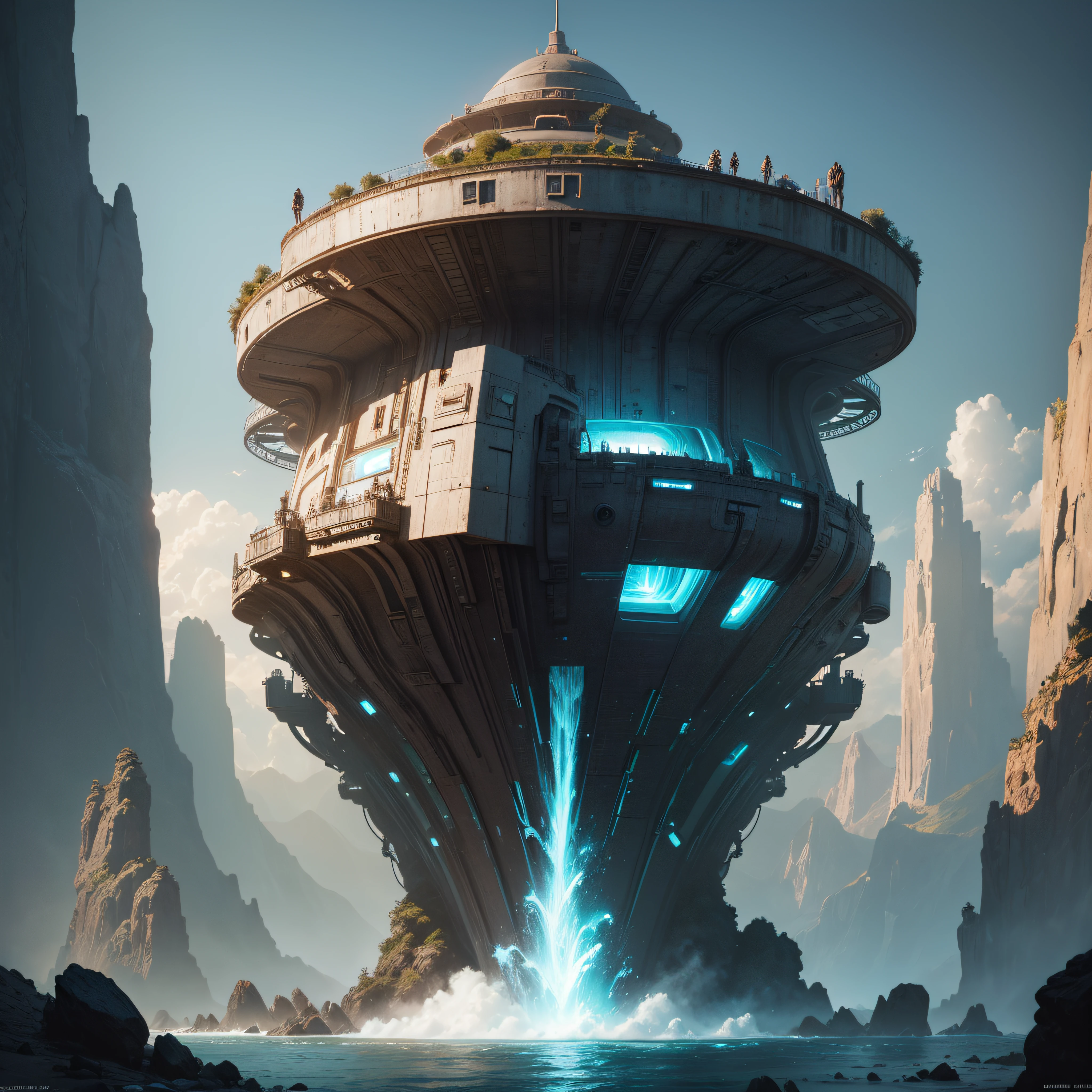 a space ship going into the ocean Alien Ship on Planet Earths ocean, old Inca ruins in the background, best quality 8k a large screen, depicted as a scifi scene, science fiction concept art, 8 k high detail concept art, extirior of an alien spaceship, sci fi concept art, concept art 8 k, sci-fi hollywood concept art, sci - fi concept art, sci-fi concept art, award winning scifi art