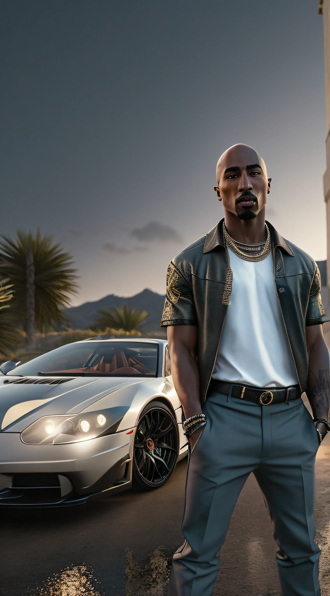 best quality, masterpiece,, Illustration, Wallpaper, Imagine Tupac Shakur with bald Hairstyle in a cinematic scene, exuding the elegance of a Versace model combined with the edginess of a Hypebeast rapper. The backdrop features a luxury sports car, brought to life with Unreal Engine 5's realism. The 8K shot emphasizes moody lighting, with portrait techniques using 50mm and 70mm lenses. Depth of field, tilt blur, and a fast shutter speed of 1/1000 are evident. The color palette is intricately detailed, beautifully graded, and enhanced with global illumination and ray tracing reflections. The scene radiates hyper-realism, with Tupac in a dynamic pose, blending elegance and hypermaximalism. Final touches include CGI, VFX, and SFX, encapsulating the pinnacle of contemporary photography and rendering