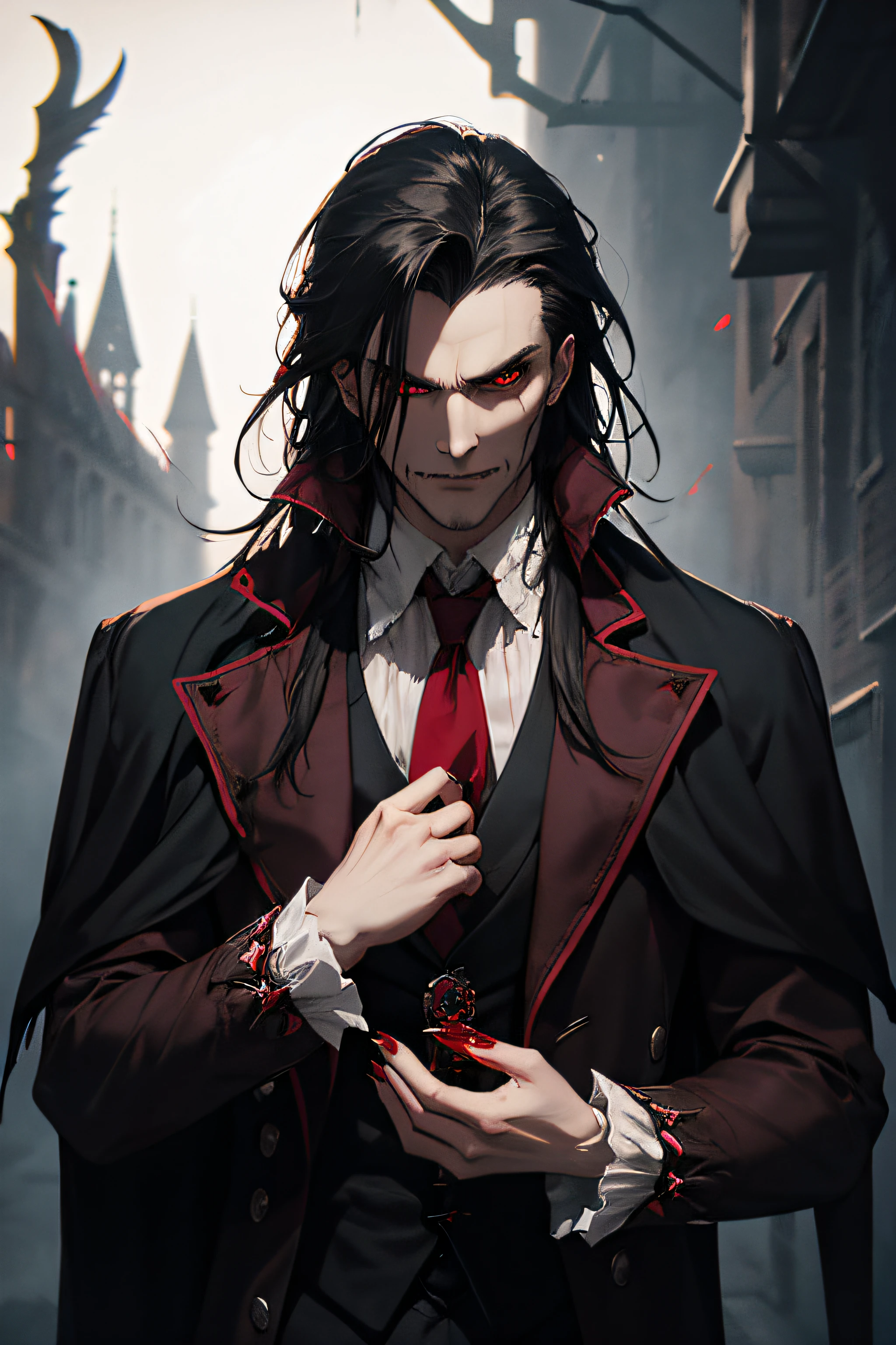 create Dracula, dark, red eyes, claws showing, partially torn clothes, 18th century style toothpick, dark background, blood, death, fog, award-winning image, high quality