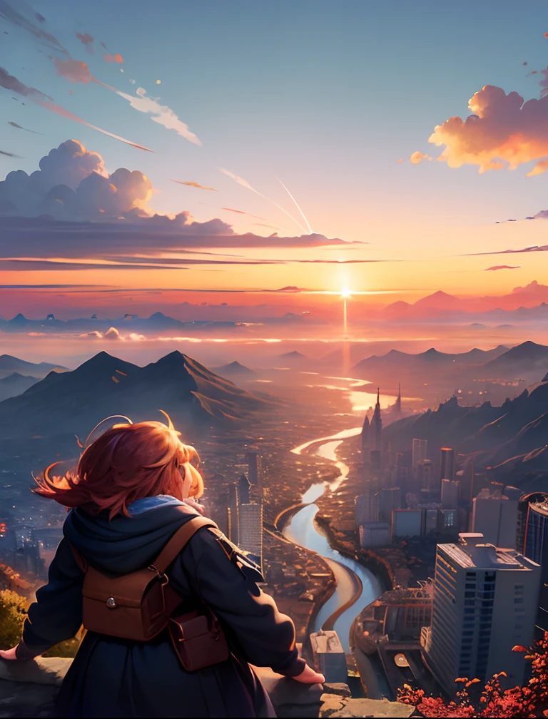 Alafed woman looking at distant city and river, beautiful art uhd 4 k, makoto shinkai cyril rolando, amazing wallpapers, 8k stunning artwork, bastien grivet, by Ross Tran. scenic background, beautiful iphone wallpaper, beautiful digital works of art, 4K highly detailed digital art, inspired by Cyril Rolando