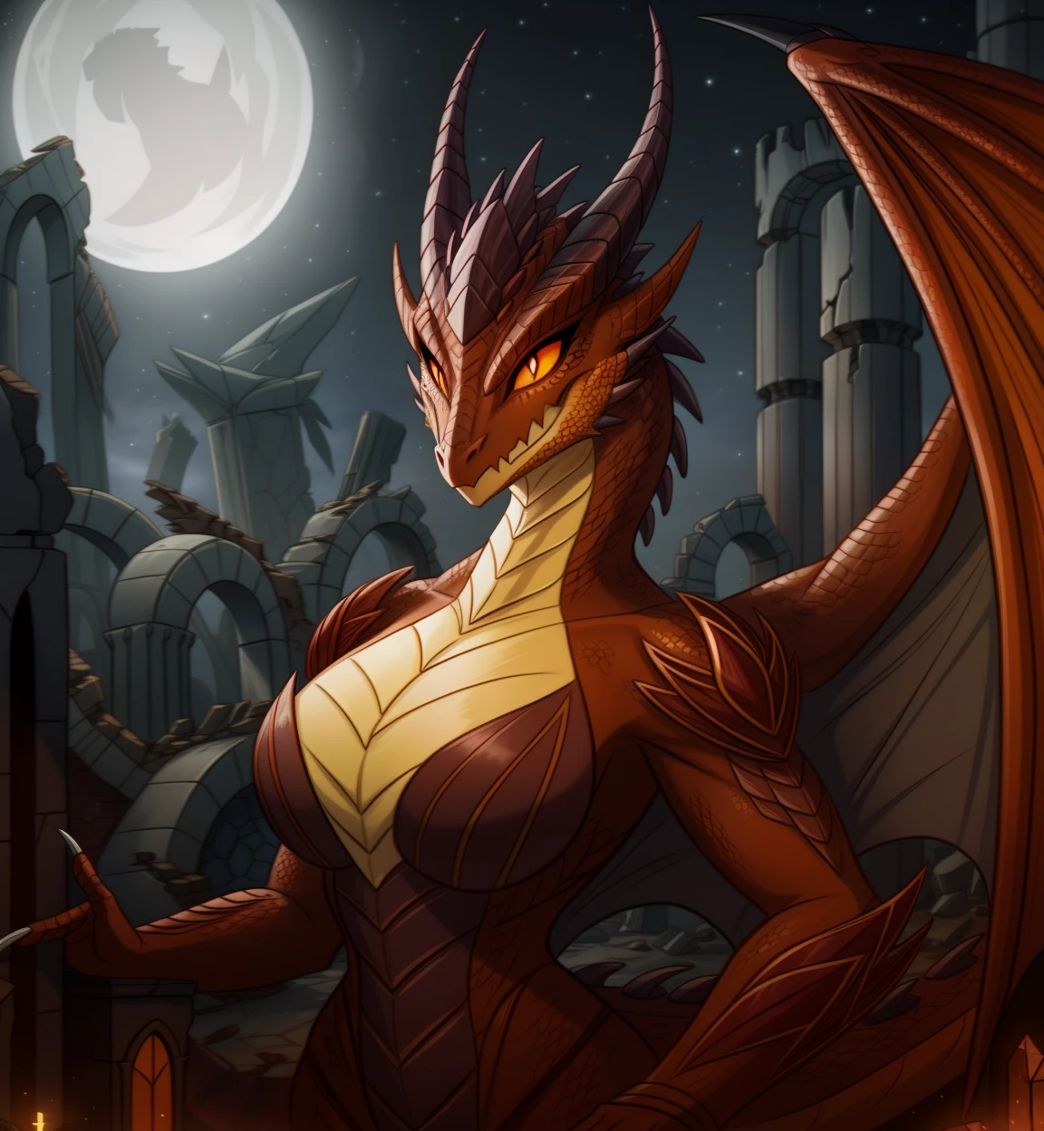 best quality, 1 girl, macro colossal size, dragon face, orange eyes, black furr, red belly, dragon female, colossal, furry female, Anthropomorphic, (in a night castle ruins), conqueror.