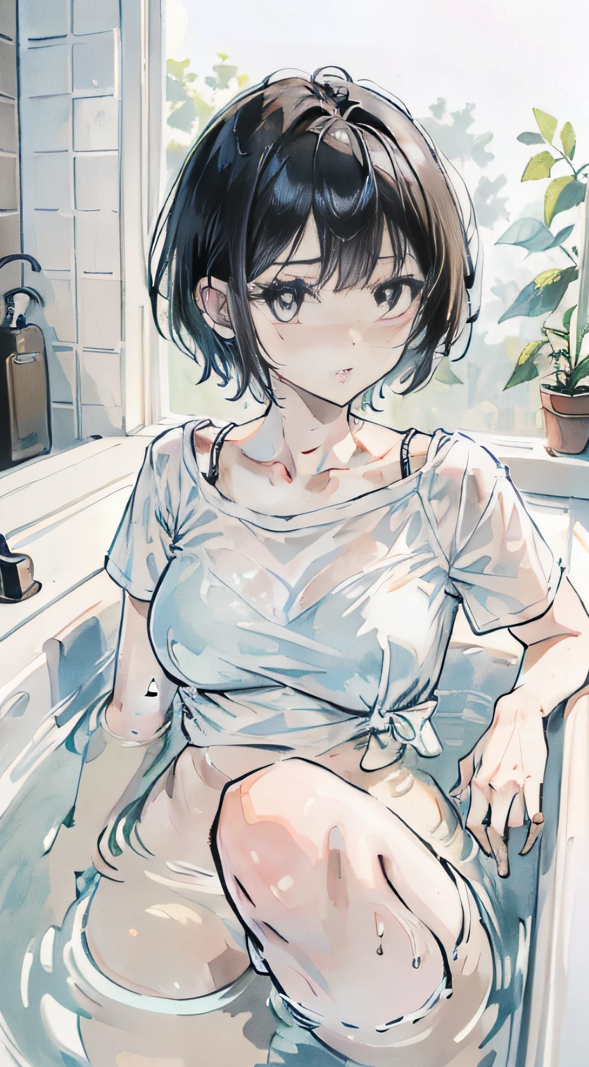 Face,Short hair,face in photo,dasha taran,Soak in the bathtub,white short sleeve shirt,middle breast