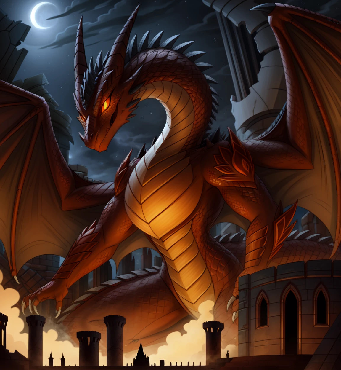 best quality, 1 girl, macro colossal size, dragon face, orange eyes, black furr, red belly, dragon female, colossal, furry female, Anthropomorphic, (in a night castle ruins), conqueror.