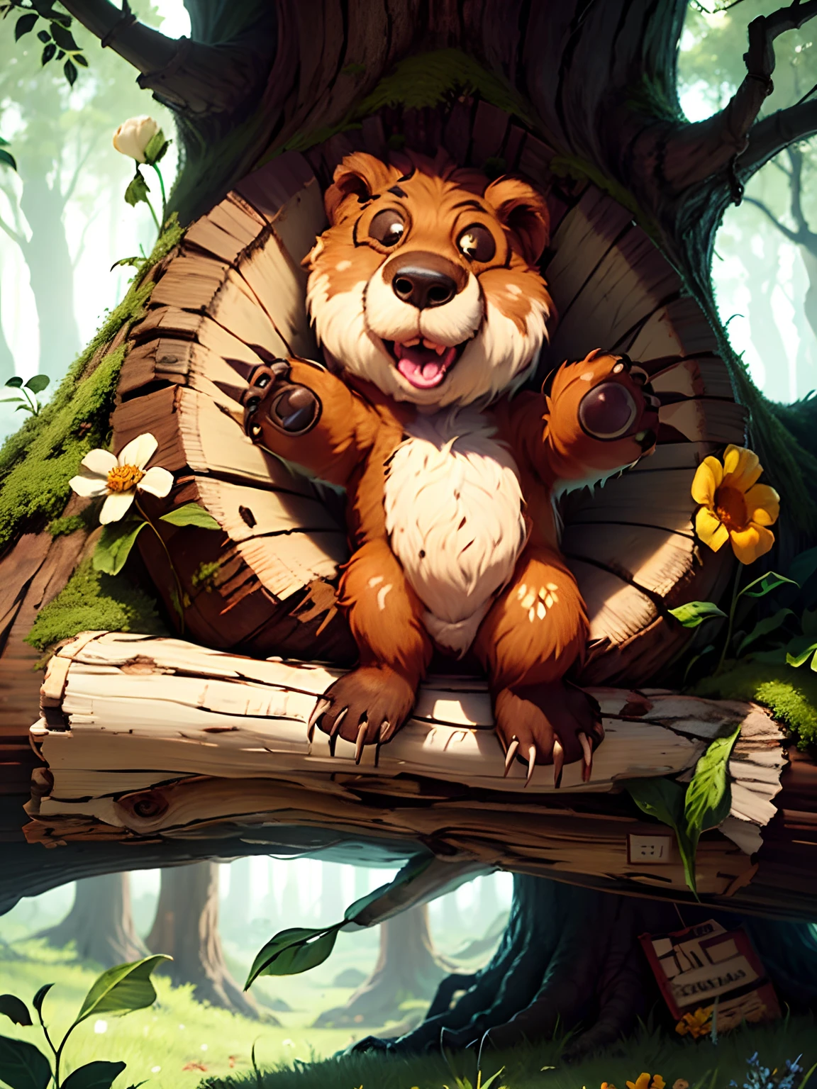 DESENHO INFANTIL DE UM FILHOTE DE ORSO, ESTILO CARTOON, ON A HOLLOW TREE TRUNK IN THE FOREST, BRINCANDO COM UMA BORBOLETA, FLORES AO FUNDO, DESENHO COLORIDO, CORES VIVAS, ESTILO LIVRO INFANTIL, 8K