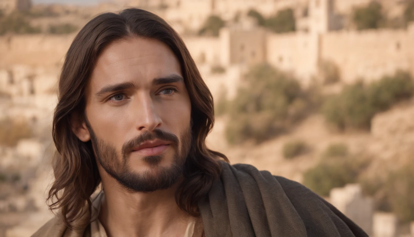 a Jesus Christ, handsome man, gorgeous face, jerusalem background, show by 8k,