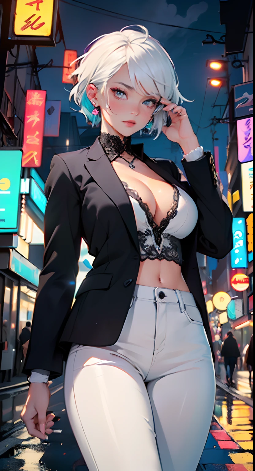 cute albino girl,(((1girl))),((albino girl with extremely cute and beautiful white hair)),
(small breasts:1.4),(((white hair:1.35,colored inner hair,ear breathing,small hair,tomboy haircut))),(((heterochromia:1.5,eye1 white,eye2 aqua))),intricate eyes,beautiful detailed eyes,symmetrical eyes,((fat)),(((pale skin,lustrous skin:1.5,bright skin: 1.5,skin tanned,shiny skin,very shiny skin,shiny body,plastic glitter skin,exaggerated shiny skin,illuminated skin,wet legs))),(spider lower abdomen,narrow waist,wide hip,athletic body,inflated legs,delicate detailed fingers,detailed body,detailed arms,human hands,(detailed face)),
cute,slutty,seductive,erotic,(((nsfw))),
(((wearing white formal blazer,white pants,))),(((huge cleavage))),((wet clothes,intricate outfit,intricate clothes)),
(dynamic pose:1.0),solo focus,embarrassed,(centered,scale to fit dimensions,Rule of thirds),
cyberpunk city by the ocean at night, with bright neon signs and dark stormy clouds and puddles, scenery:1.25,
highres, sharp focus, (ultra detailed, extremely detailed), (photorealistic artwork:1.37),(extremely detailed CG unity 8k wallpaper),((synthwave background theme)),(((vibrant colors))),(intricate background),(masterpiece),(best quality),