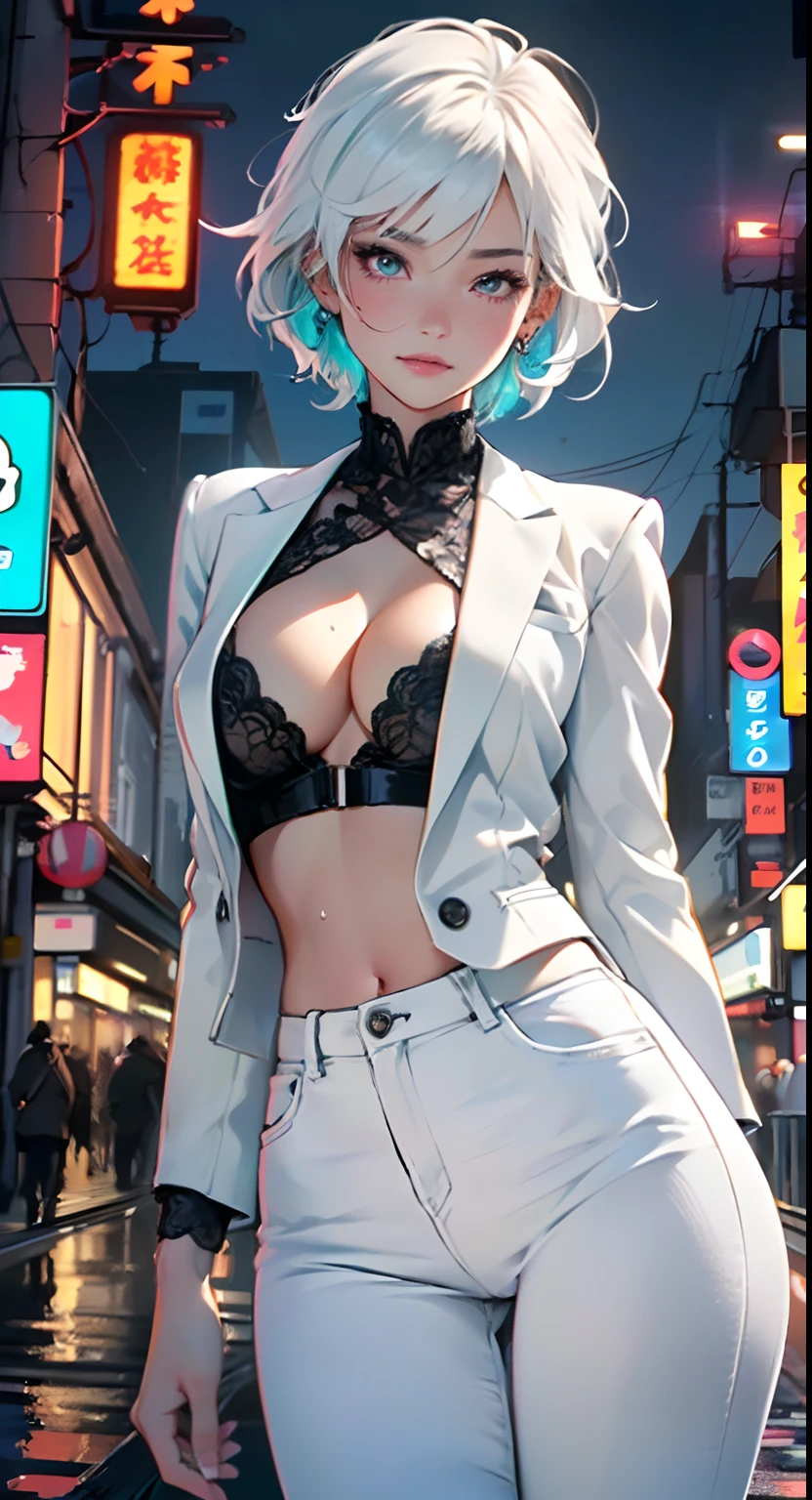 cute albino girl,(((1girl))),((albino girl with extremely cute and beautiful white hair)),

(small breasts:1.4),(((white hair:1.35,colored inner hair,ear breathing,small hair,tomboy haircut))),(((heterochromia:1.5,eye1 white,eye2 aqua))),intricate eyes,beautiful detailed eyes,symmetrical eyes,((fat)),(((pale skin,lustrous skin:1.5,bright skin: 1.5,skin tanned,shiny skin,very shiny skin,shiny body,plastic glitter skin,exaggerated shiny skin,illuminated skin,wet legs))),(spider lower abdomen,narrow waist,wide hip,athletic body,inflated legs,delicate detailed fingers,detailed body,detailed arms,human hands,(detailed face)),

cute,slutty,seductive,erotic,(((nsfw))),

(((wearing white formal blazer,white pants,))),(((huge cleavage))),((wet clothes,intricate outfit,intricate clothes)),

(dynamic pose:1.0),solo focus,embarrassed,(centered,scale to fit dimensions,Rule of thirds),

cyberpunk city by the ocean at night, with bright neon signs and dark stormy clouds and puddles, scenery:1.25,

highres, sharp focus, (ultra detailed, extremely detailed), (photorealistic artwork:1.37),(extremely detailed CG unity 8k wallpaper),((synthwave background theme)),(((vibrant colors))),(intricate background),(masterpiece),(best quality),