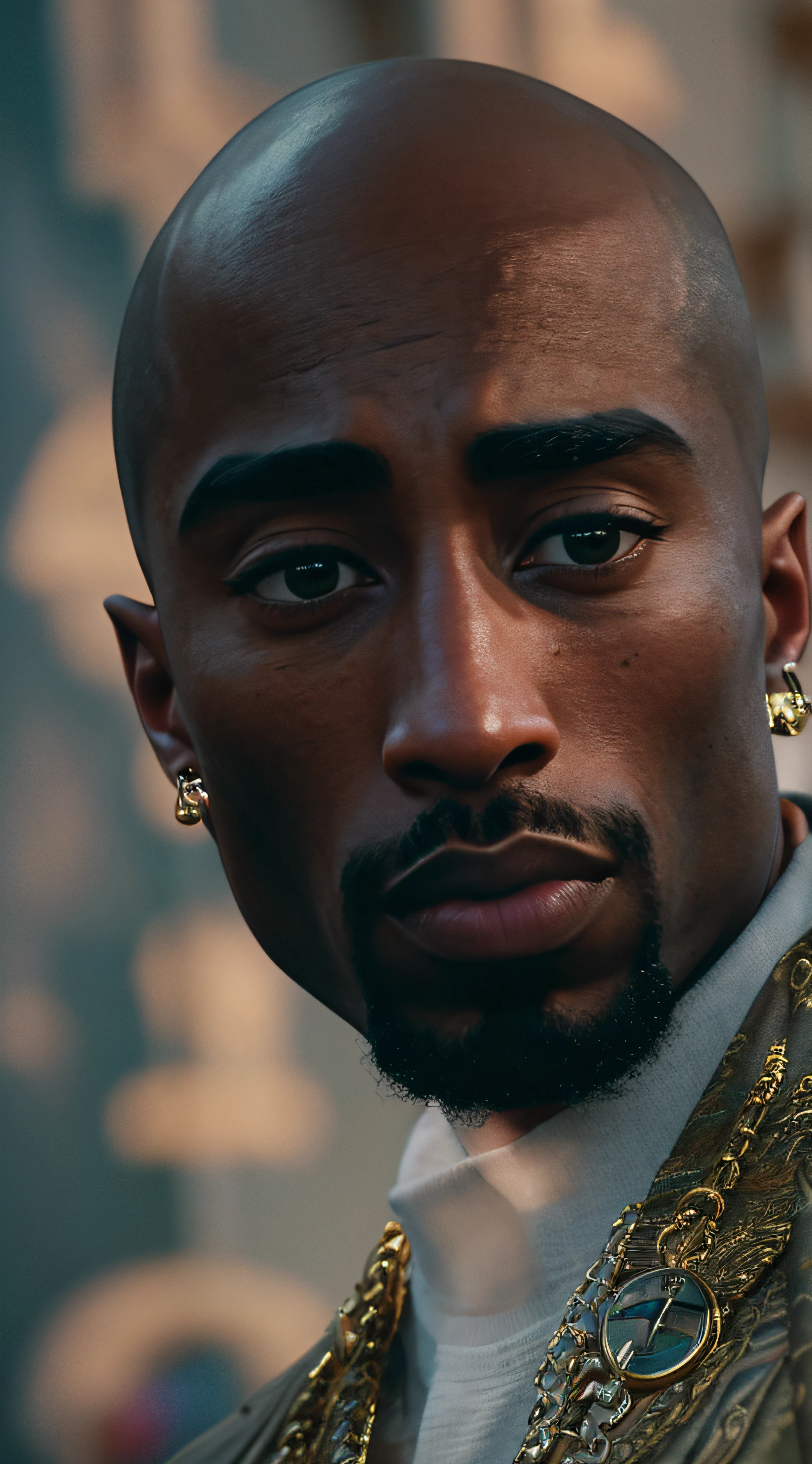 best quality, masterpiece,, Illustration, Wallpaper, Imagine Tupac Shakur with bald Hairstyle in a cinematic scene, exuding the elegance of a Versace model combined with the edginess of a Hypebeast rapper. The backdrop features a luxury sports car, brought to life with Unreal Engine 5's realism. The 8K shot emphasizes moody lighting, with portrait techniques using 50mm and 70mm lenses. Depth of field, tilt blur, and a fast shutter speed of 1/1000 are evident. The color palette is intricately detailed, beautifully graded, and enhanced with global illumination and ray tracing reflections. The scene radiates hyper-realism, with Tupac in a dynamic pose, blending elegance and hypermaximalism. Final touches include CGI, VFX, and SFX, encapsulating the pinnacle of contemporary photography and rendering