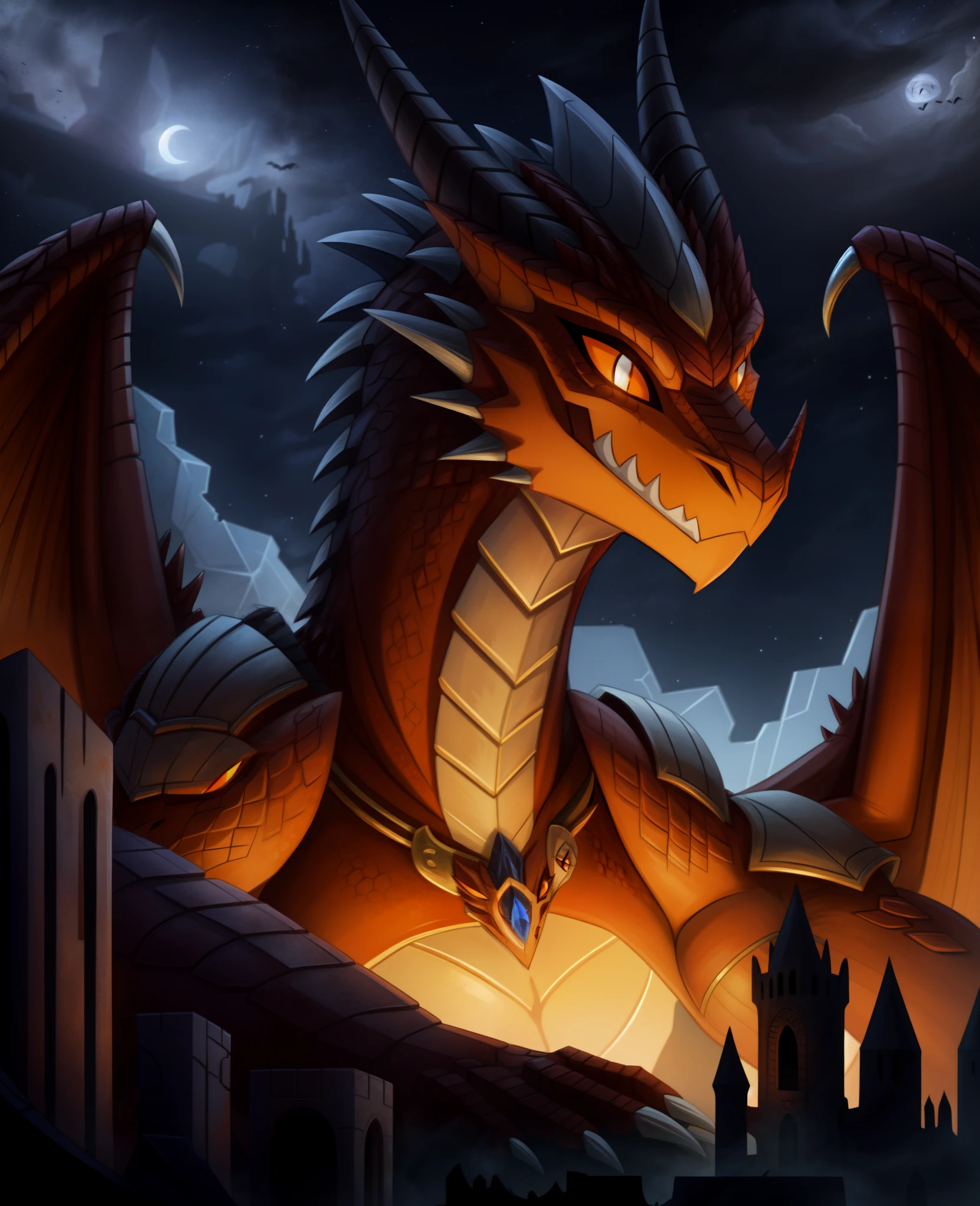 best quality, 1 girl, macro colossal size, dragon face, orange eyes, black furr, red belly, dragon female, colossal, furry female, Anthropomorphic, (in a night castle ruins), conqueror.