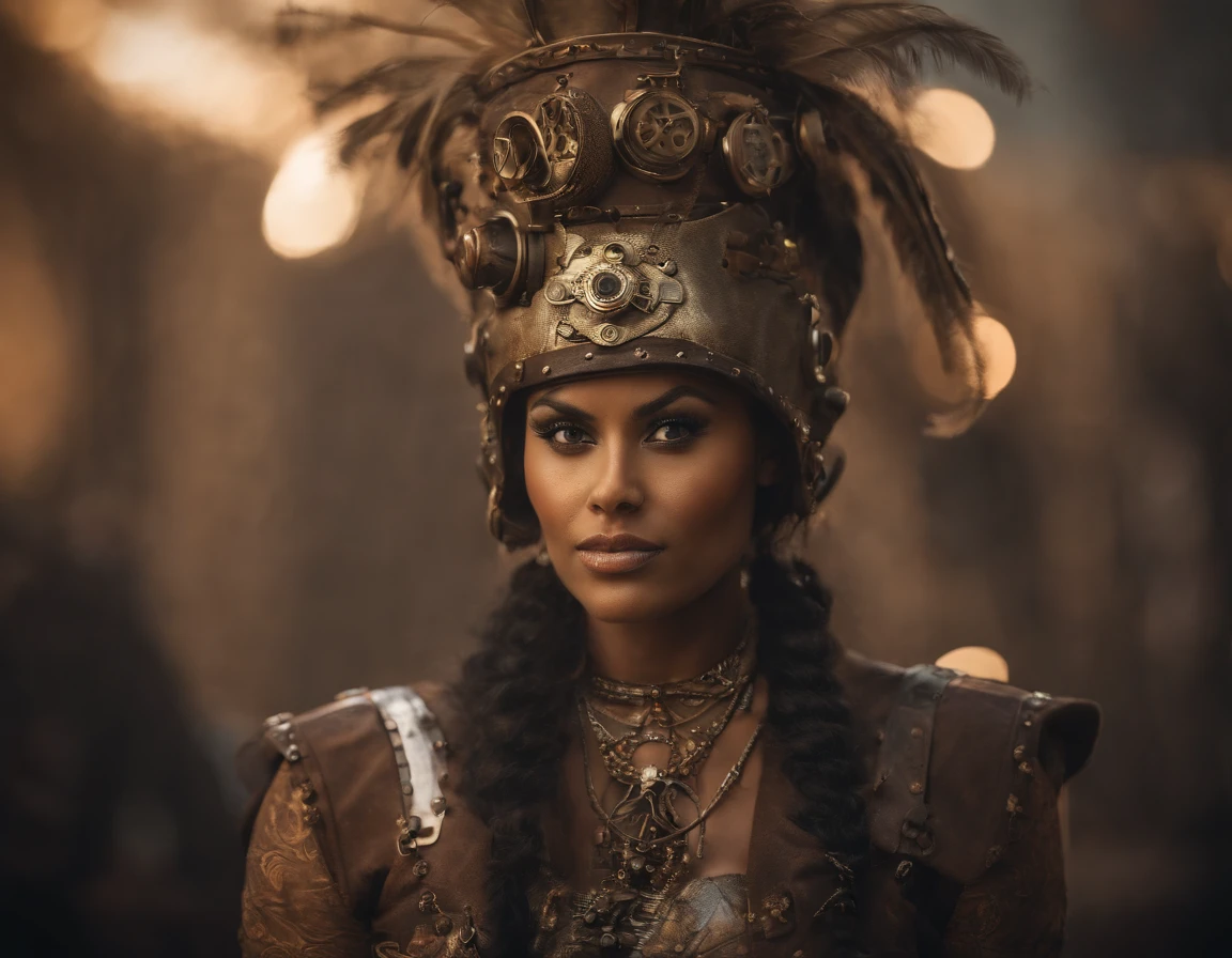 There's a sexzy indian 1woman with a steam-powered dusky skin, with big boobs,Royal look,helmet, arte conceitual steampunk, sexzy full body view top to bottom, stsnding in backview turning camera, random camera anhle,dark smoke fog background,arte steampunk digital, arte steampunk de alta qualidade, Wojtek FUS, arte digital steampunk, detailed wild steampunk illustration, Portrait of a gold and copper mechanical woman, arte steampunk, estilo de arte dieselpunk, cyberpunk steampunk, estilo de fantasia steampunk, Arte digital altamente detalhada em 4k, sci-fi steampunk