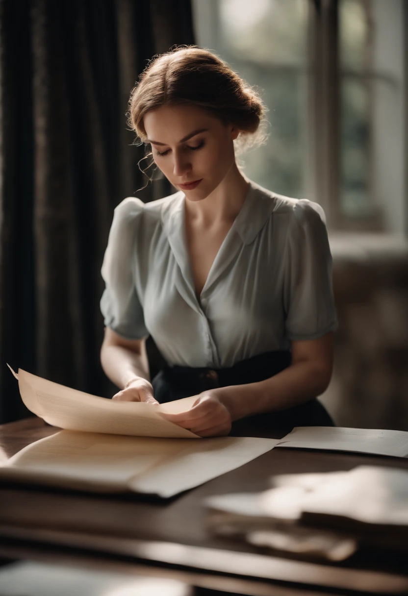 A delicate woman with pale skin, She wears a social outfit and is looking at a paper in her hands.