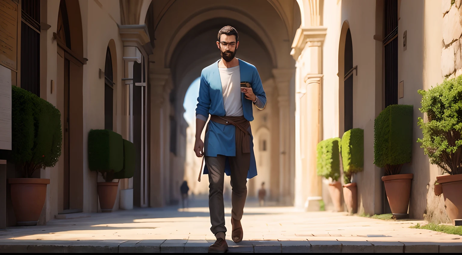 pintura de homem caminhando em meio a rebanho de ovelhas estilo arte biblica