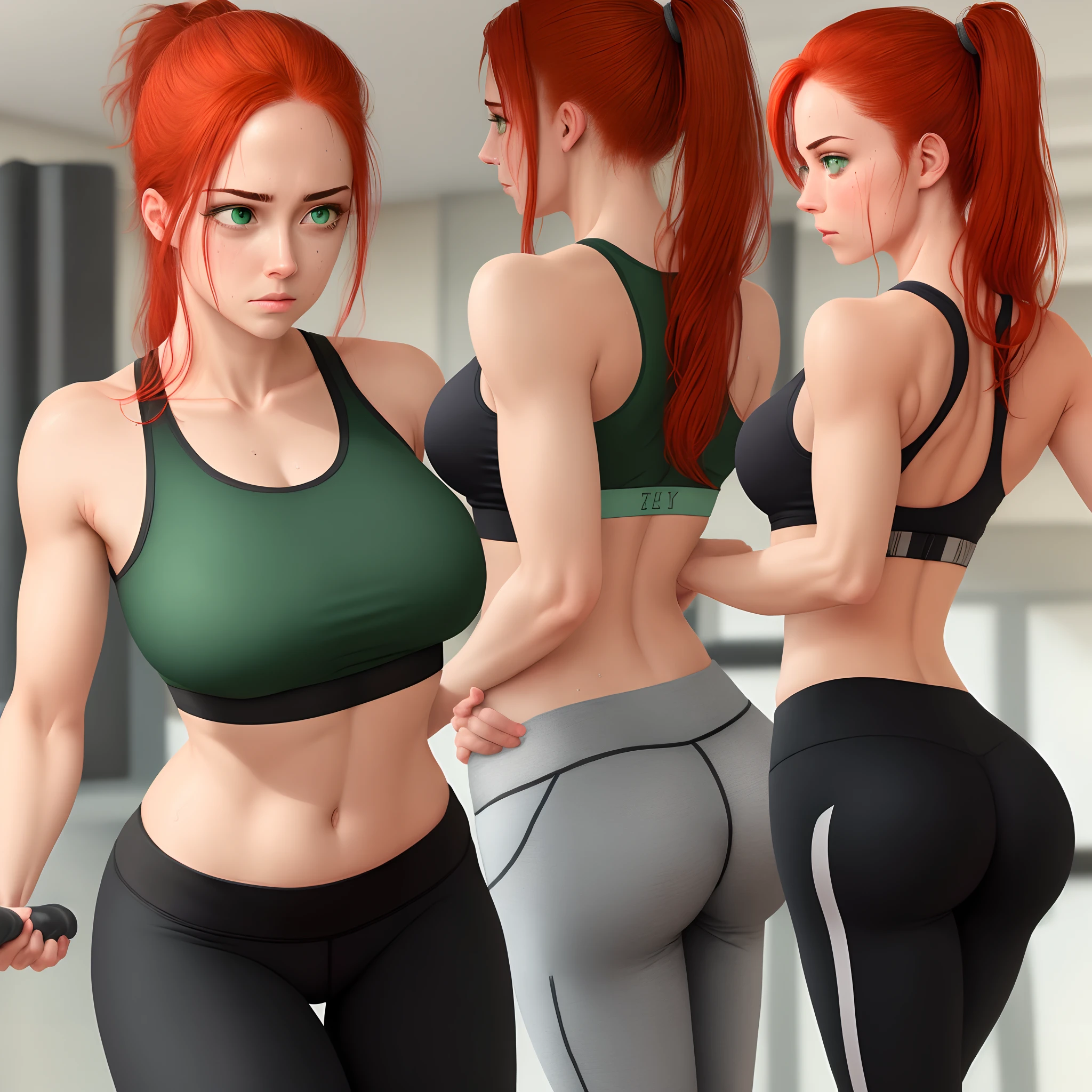 Joanna,short hair,blue eyes,red hair, gray leggings, big ass, big breasts, in the gym, cheerful,realistic detailed HD, 3d, nike, sexy, perfect body, nipples, bottom window, full body , legs, open, cameltoe, frontal, front position, smooth skin, detailed skin, white