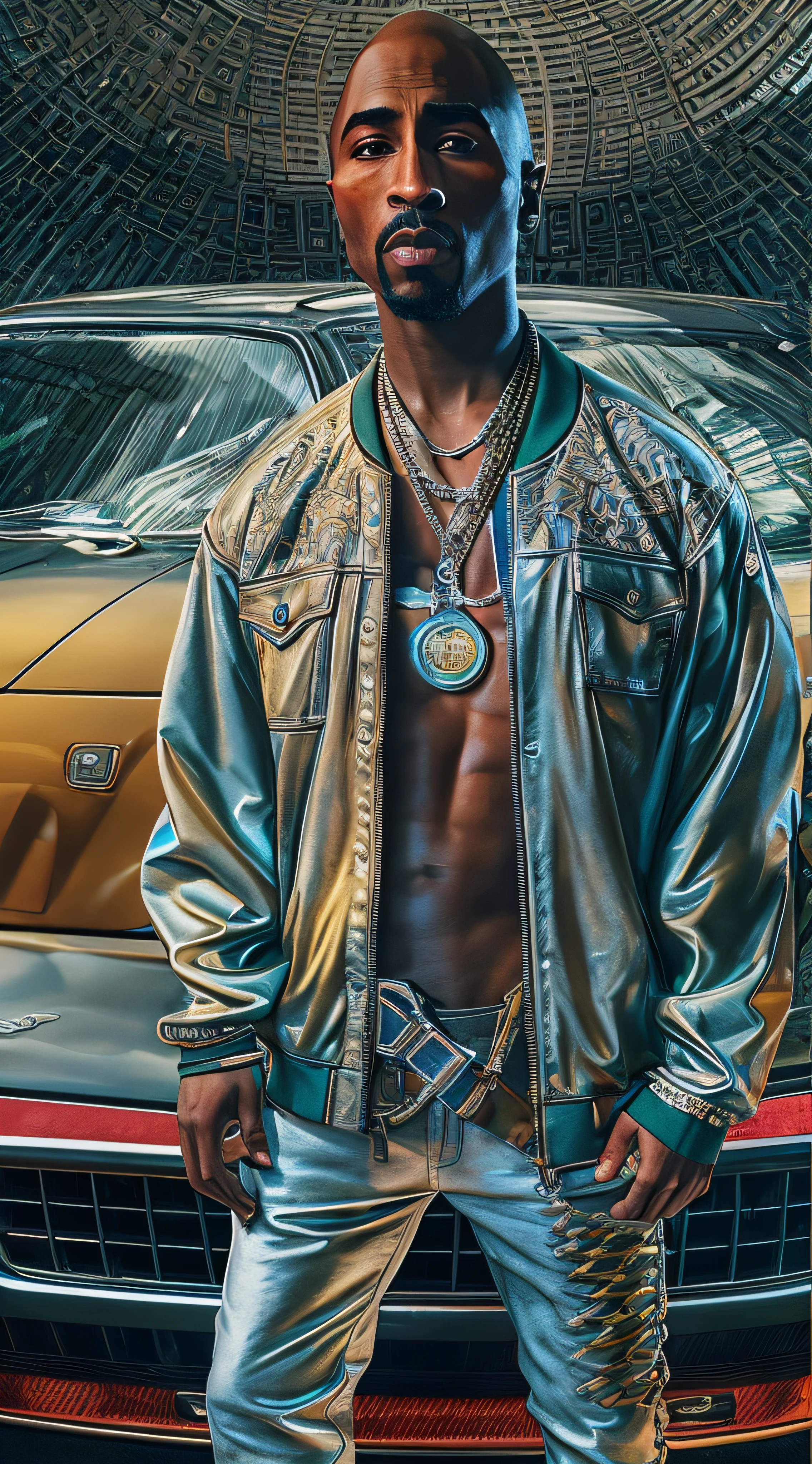 best quality, masterpiece,, Illustration, Wallpaper, Imagine Tupac Shakur with bald Hairstyle in a cinematic scene, exuding the elegance of a Versace model combined with the edginess of a Hypebeast rapper. The backdrop features a luxury sports car, brought to life with Unreal Engine 5's realism. The 8K shot emphasizes moody lighting, with portrait techniques using 50mm and 70mm lenses. Depth of field, tilt blur, and a fast shutter speed of 1/1000 are evident. The color palette is intricately detailed, beautifully graded, and enhanced with global illumination and ray tracing reflections. The scene radiates hyper-realism, with Tupac in a dynamic pose, blending elegance and hypermaximalism. Final touches include CGI, VFX, and SFX, encapsulating the pinnacle of contemporary photography and rendering