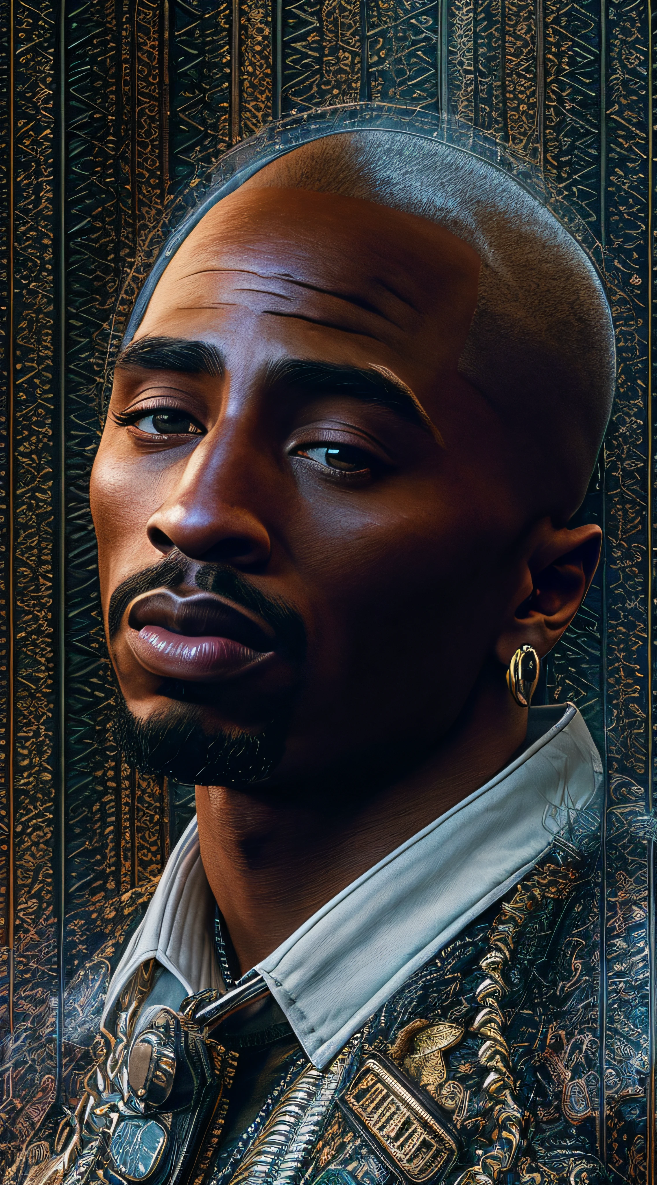 best quality, masterpiece,, Illustration, Wallpaper, Imagine Tupac Shakur with bald Hairstyle in a cinematic scene, exuding the elegance of a Versace model combined with the edginess of a Hypebeast rapper. The backdrop features a luxury sports car, brought to life with Unreal Engine 5's realism. The 8K shot emphasizes moody lighting, with portrait techniques using 50mm and 70mm lenses. Depth of field, tilt blur, and a fast shutter speed of 1/1000 are evident. The color palette is intricately detailed, beautifully graded, and enhanced with global illumination and ray tracing reflections. The scene radiates hyper-realism, with Tupac in a dynamic pose, blending elegance and hypermaximalism. Final touches include CGI, VFX, and SFX, encapsulating the pinnacle of contemporary photography and rendering