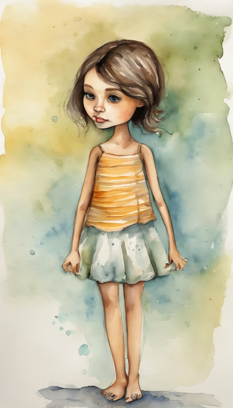"Create a cartoon-style drawing of a lovely, slightly smiling girl, resembling a Blythe doll. She is dressed in a bikini, has brunette hair styled in a bob, dark eyes, a small cute nose, and a slender figure. The girl is standing facing forward with her hands hanging down by her sides, legs straight, and feet pointing forward."